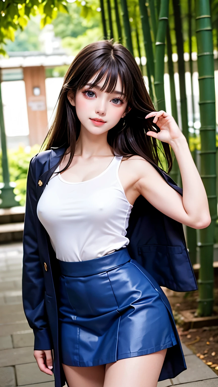 1womanl, （middlebreasts）, light brown hair, Blunt bangs, hair behind ear, hair over shoulder, （Long hair）,wetting hair,（ slender body shape）, （Ultra Fine Face）, Delicate lips,（beautidful eyes）, thin blush, Brown eyes, （shinny skin, flawless skin :1.3）,hide one's hands,（Dark blue student blazer,white  shirt,  Dark blue flared skirt),(Japan Schoolgirls),(Posture with armpits wide open：1.3),Smile,,bustshot,（bamboo forrest:1.5）