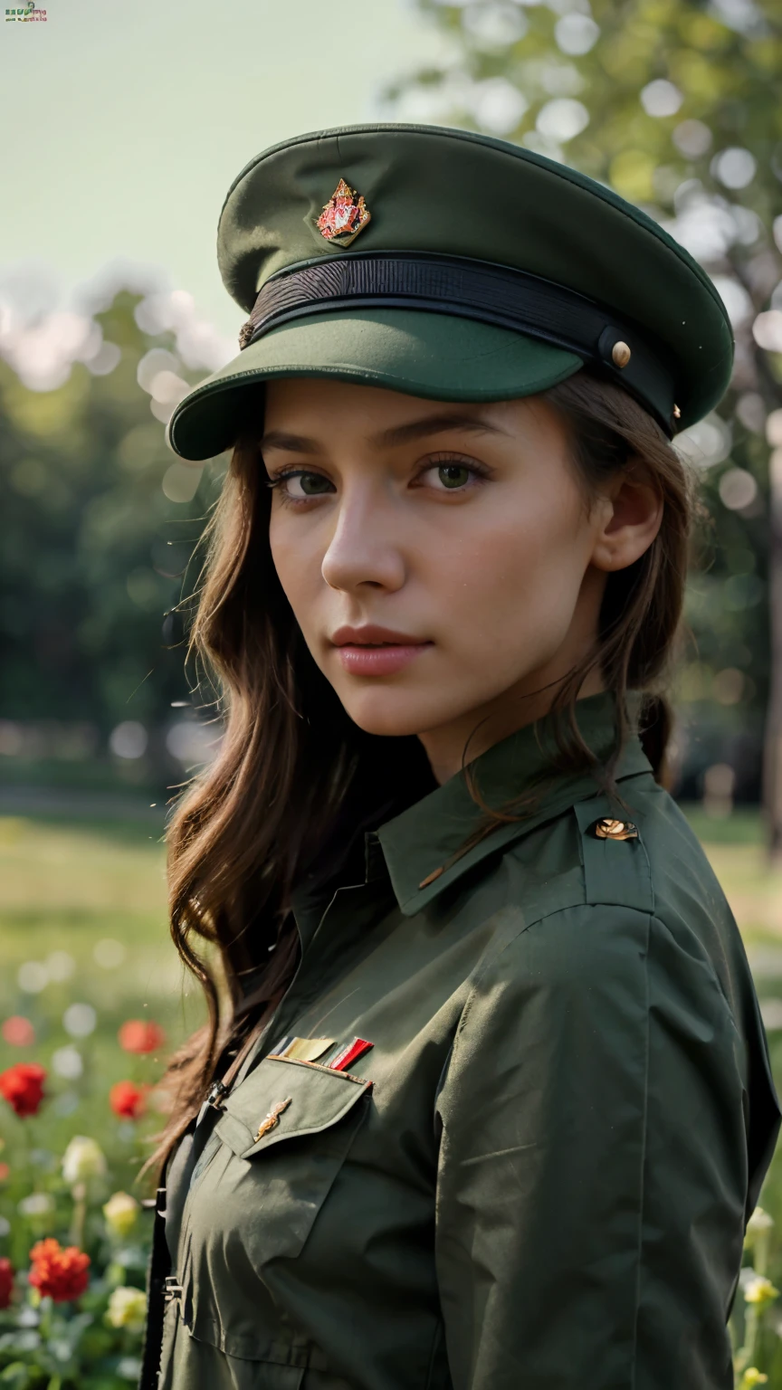 beautiful female soldier, beautiful Russian face, long light brown hair, Soviet style military green color military hat, (middle shot), Soviet style military uniform green fabric with red details, she is in Moscow of the Soviet Union, (summer day, carnation flowers around), 4k, ultra detailed image, Realistic, highly detailed, perfect composition, gorgeous, Intricately detailed, incredibly detailed, 8 k artistic photography, hyper detailed, masterpiece, ultra detailed, hyper Realistic, 4k, ultra detailed image, Realistic, highly detailed, perfect composition, gorgeous, Intricately detailed , incredibly detailed, 8 k artistic photography, hyper detailed, masterpiece