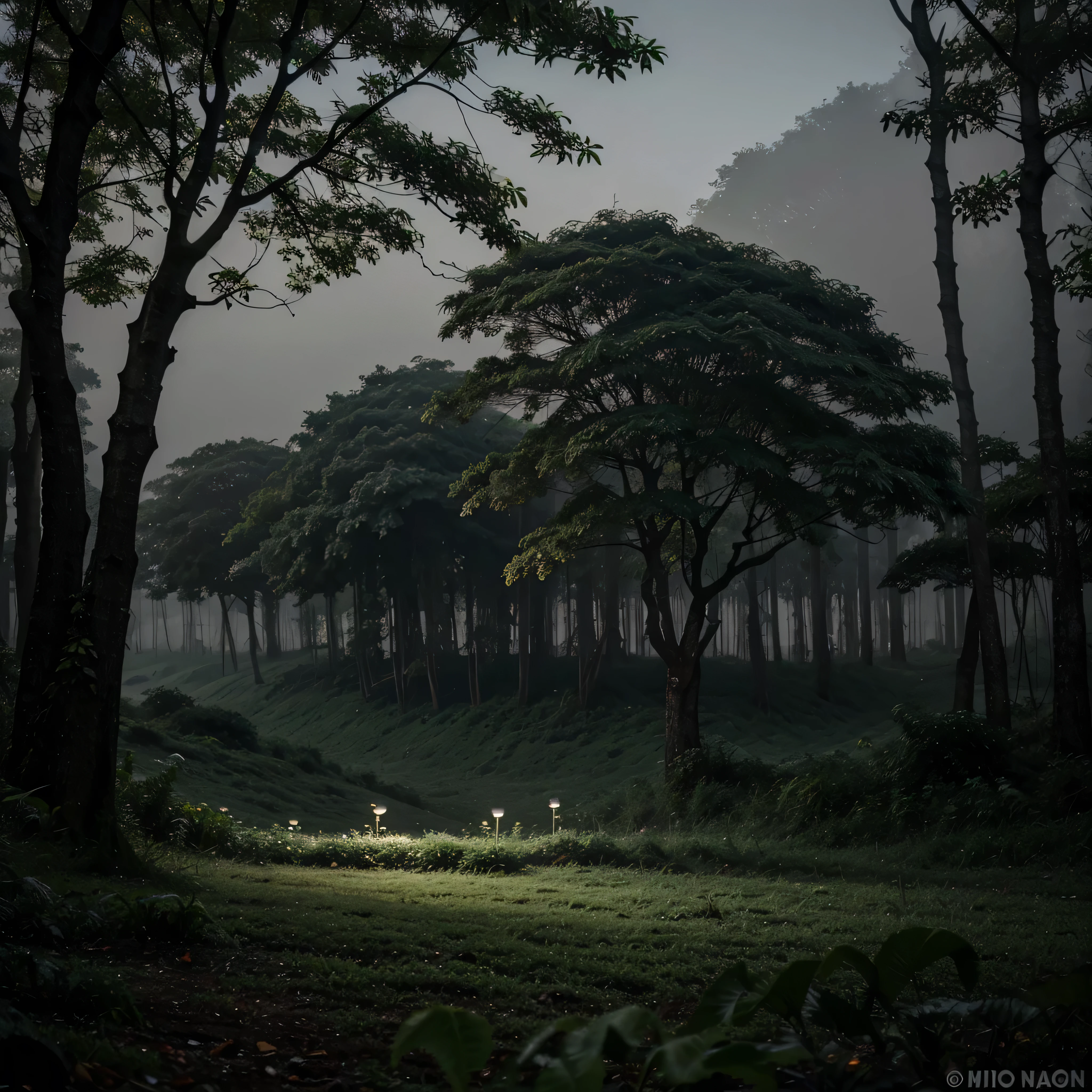 floresta bizarra na noite com uma forte neblina no fundo dando um ar assustador