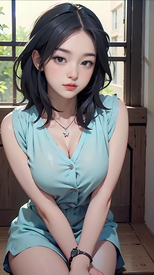 ((highest quality)), ((masterpiece)),High resolution (High Dynamic Range),Ray tracing, Super Resolution, (((anime screencap, black outline, Written boundary depth , written soft outline))), blur, bokeh, Maximum clarity and sharpness,Multilayer Texture,surface shading,Accurate simulation of light-matter interactions,Perfect Proportions,Two-tone lighting, White balance,8K, limit only one woman, BREAK beautiful hair, Beautiful Face, Beautiful and beautiful eyes, Beautiful body, Beautiful breasts, Beautiful thighs, Beautiful feet, Beautiful fingers, (Beautiful views) , breast enlarged, large breast, perky tits, (blush, 20 years, seductive adult woman , anime gyaru , Narrow eyes) ,black hair,long hair, shortcut hair, pixie cut, streaked hair, hair intakes, colored inner hair, BREAK (light blue,light yellow, light green,white,light pink), cropped shoulder, nail art, necklace, bridal ring, wearing a watch BREAK ((( cowboy shot, looking at viewer, \(face waiting for kiss\):1.3))), (sitting),BREAK flowers artwork, fashion magazine