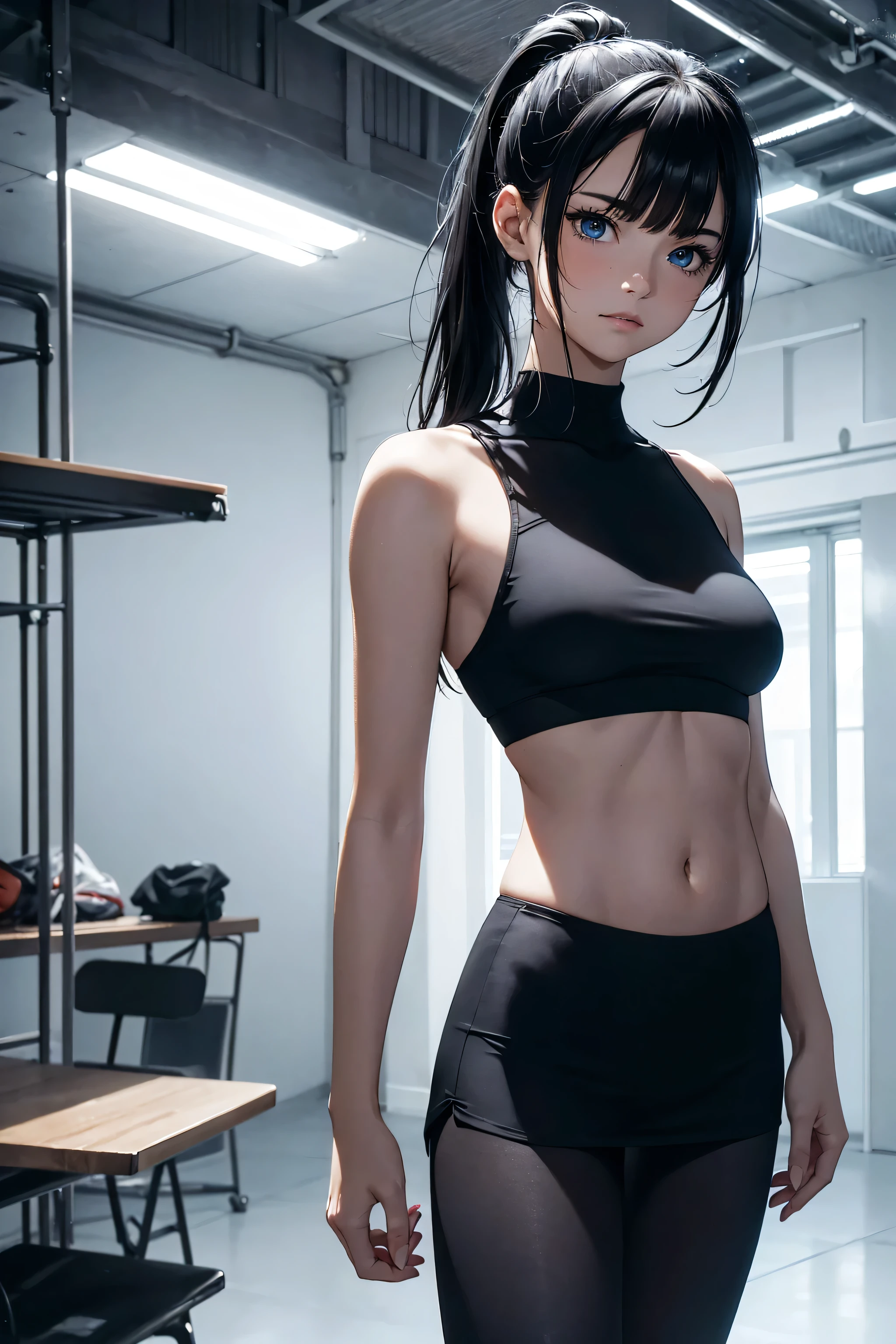 (best quality, 8K, realistic:1.2), ultra-detailed, dramatic lighting, digital art illustration, inside a shelter, (cool-toned, dim lighting), 20-year-old girl, wearing a black sports bra, black skirt, black leggings under skirt, bangs, long black hair, ponytail beautiful detailed face, standing, full body, blue eyes, small breast