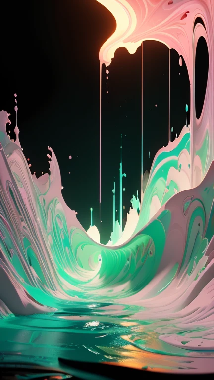 commercial photography, poderosa explosión de slime comes from the bottom of the shot in the image in a small stream and ends in the middle of the image in a large splash, paint splash, wet, artstation, by Lisa Frank, (cartoon, anime, flat colours, thin contours, pastel : 1.3), in the center of the explosion, white lighting, luz de estudio, 8K octane rendering, high resolution photography, buen detalle, incredibly detailed, en una llanura negra y aislada, foto de stock, professional color correction