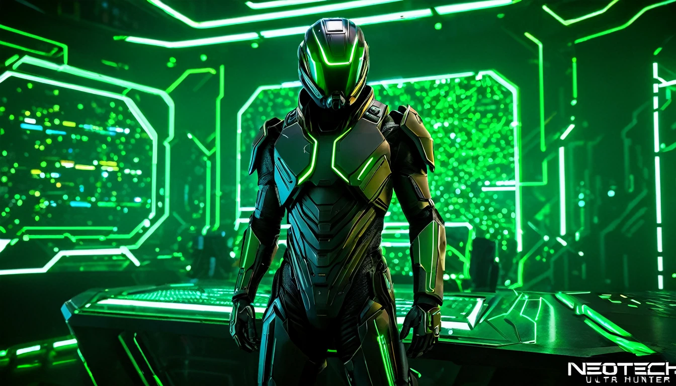 (masterpiece, best quality:1.5)Ultra hd, RAW, cyber hunter battle
 looking at viewer, solo, upper body, detailed background, detailed face, (sleek, neotech theme:1.1)  high-tech futuristic hacker,  advanced technology,  techwear,  keycard,    (holographic display:1.05), unauthorized, numbers, computer, floorplan, control panel in background, green lights, stealth, dark sinister atmosphere,