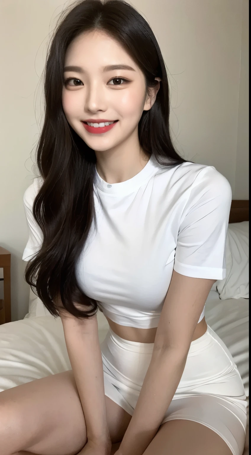 White tight shirt、White tight mini skirt、bed、smile、Short sleeve、high resolution、Korean idol face、double eyelid、White teeth