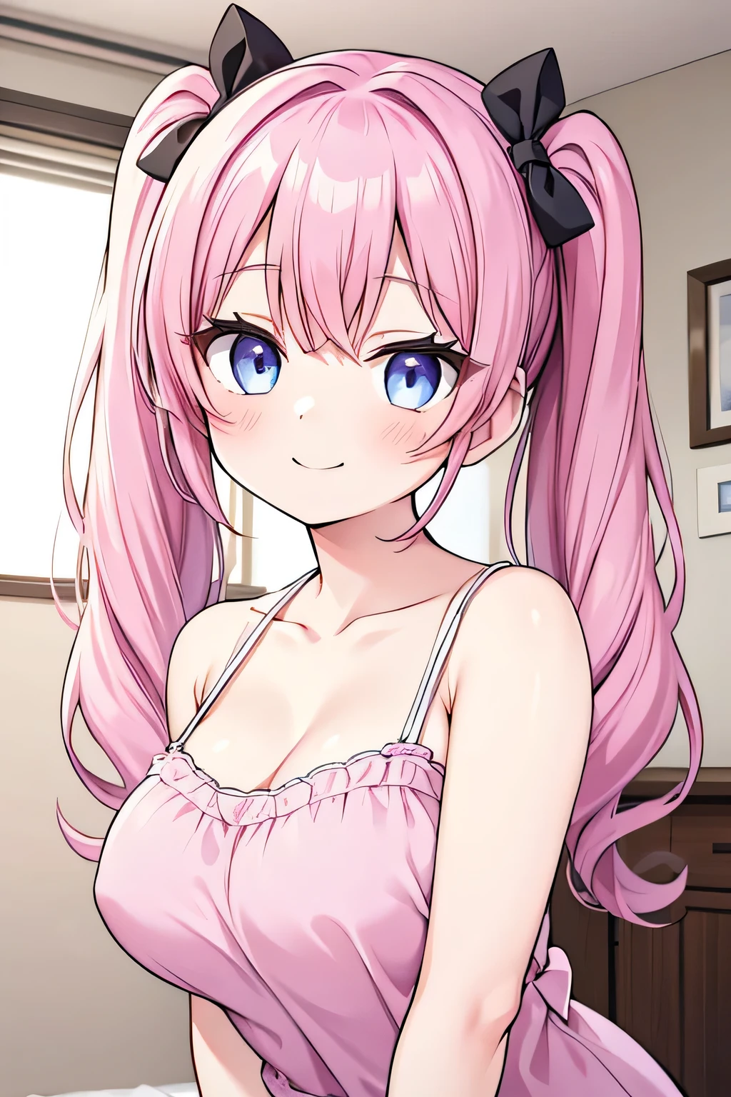 one house wife,twintails hair color is pink,cute,eyes are Blue,Smile,disproportionate breasts,dashed eyes The background is in the room,on the bed,armpit focus