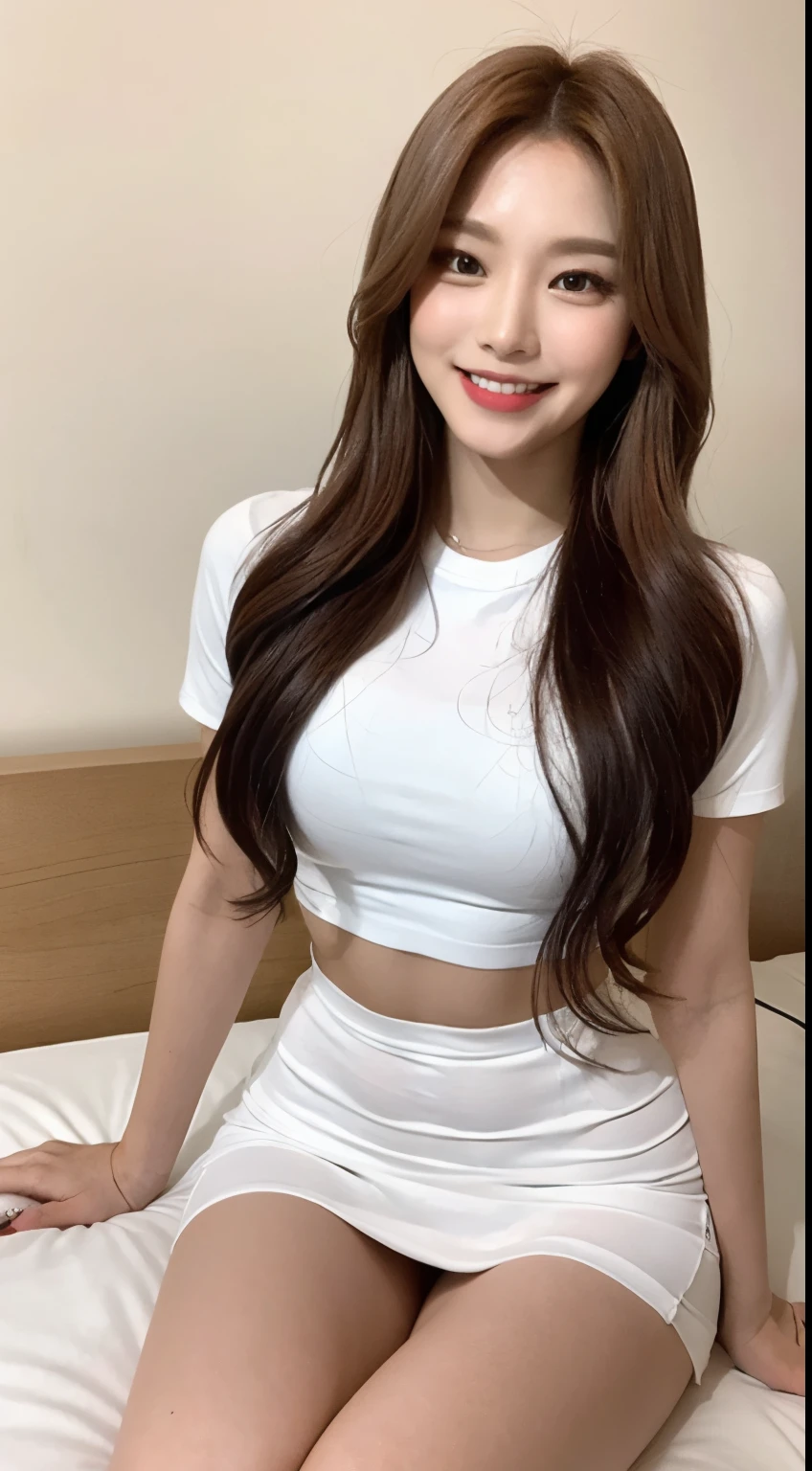 White tight shirt、White tight mini skirt、bed、smile、Short sleeve、high resolution、Korean idol face、double eyelid、White teeth