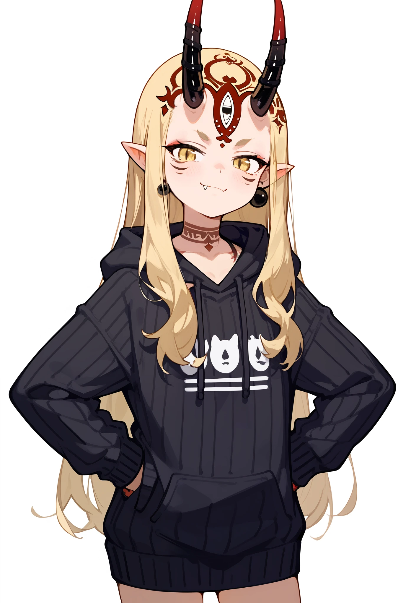 1girl, long hair, blonde hair, sidelocks, yellow eyes, pointy ears, facial mark, tattoo, forehead mark, oni, horns, black sweater, hoodie, earrings, jewelry, barefoot, smug, closed mouth, fang, standing, arms on sides, upper body, score_9, score_8_up, score_7_up, masterpiece, Very aesthetic, best quality, white background 