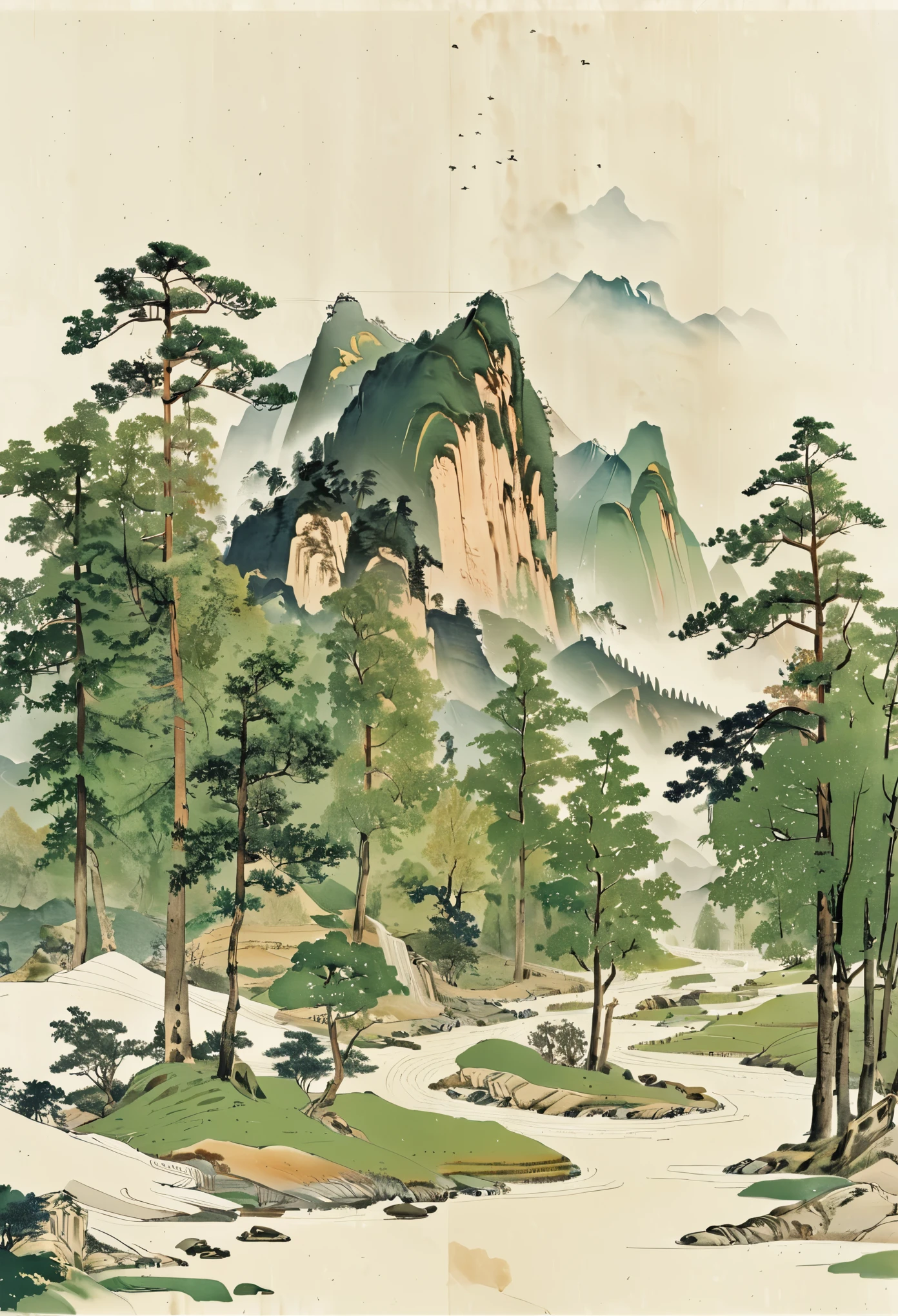 Ink and wash, surrounded by mountains, northern mountains and rivers, streams, loose and orderly woods, different trees, quiet pictures, high-definition picture quality