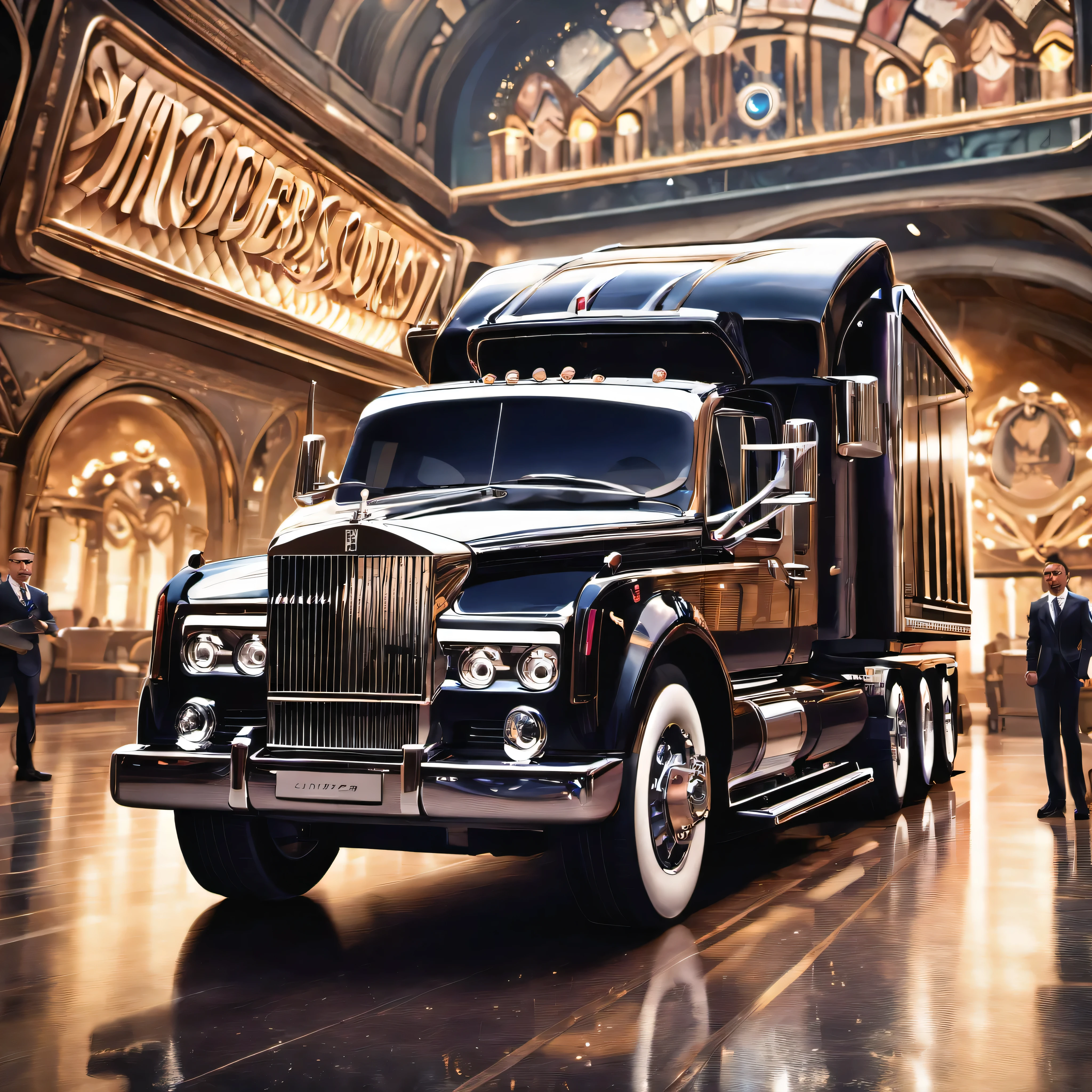 (ultra-detailed,highres,masterpiece:1.2),HDR,UHD,extremely detailed luxury semi truck with sleeper parked on a beautifully landscaped background,medium:realistic, detailed rendering of a 2023 Rolls Royce Ghost semi truck with a glossy black exterior,shiny chrome accents, and large, imposing wheels,professional,portrait-like view of the truck showing its elegant curves and sleek lines,vivid colors,sharp focus on the intricate details of the truck's front grille,headlights,and logo,photorealistic image of the truck's luxuriously appointed sleeper cabin,including plush leather seats,wooden accents,and state-of-the-art technology,concept artist's interpretation of the truck's interior, floor-to-ceiling windows, and panoramic roof,bokeh lighting effect highlighting the truck's regal presence and enhancing its overall appeal,studio lighting emphasizing the truck's high-end craftsmanship and creating a captivating ambiance,exquisite attention to detail in capturing the truck's signature features, such as the iconic Rolls Royce Spirit of Ecstasy figurine, and the elegant Spirit of Ecstasy illuminated grille ornament,meticulously rendered street scene,reflecting the truck's opulence and exclusivity,photography-inspired composition, capturing the truck from an artistic angle,highlighting its grandeur and conveying a sense of power and sophistication.