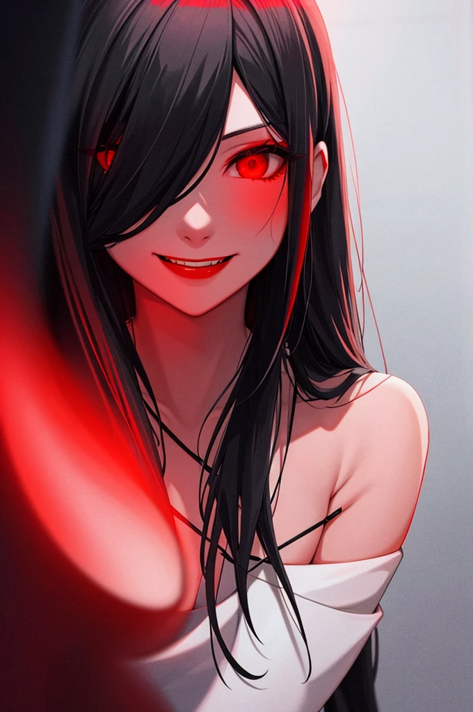 Horror woman, red light eyes, smile, long hair black, dark, she is solo, red lipstick,