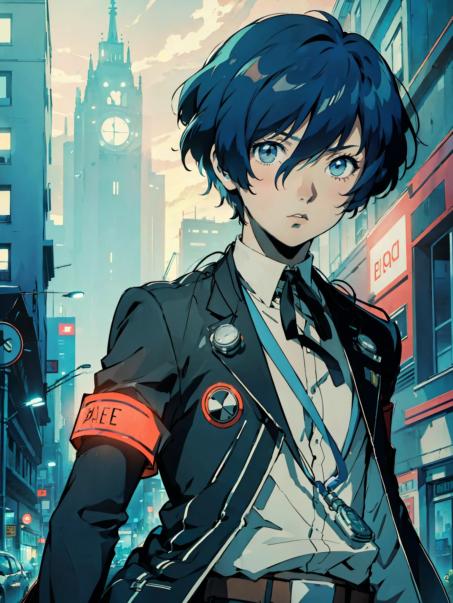 Solo, 1 boy, Makoto yuki, cool pose, perfect anatomy, neat lineart,4k, city landscape scenery, looking at camera, glowing lights in the background, black roses on the ground, 
, jacket, ribbon, armband, digital media player, dark blue hair, black jacket, white shirt, ribbon on neck, short hair, hair covering one eye, gloomy expression