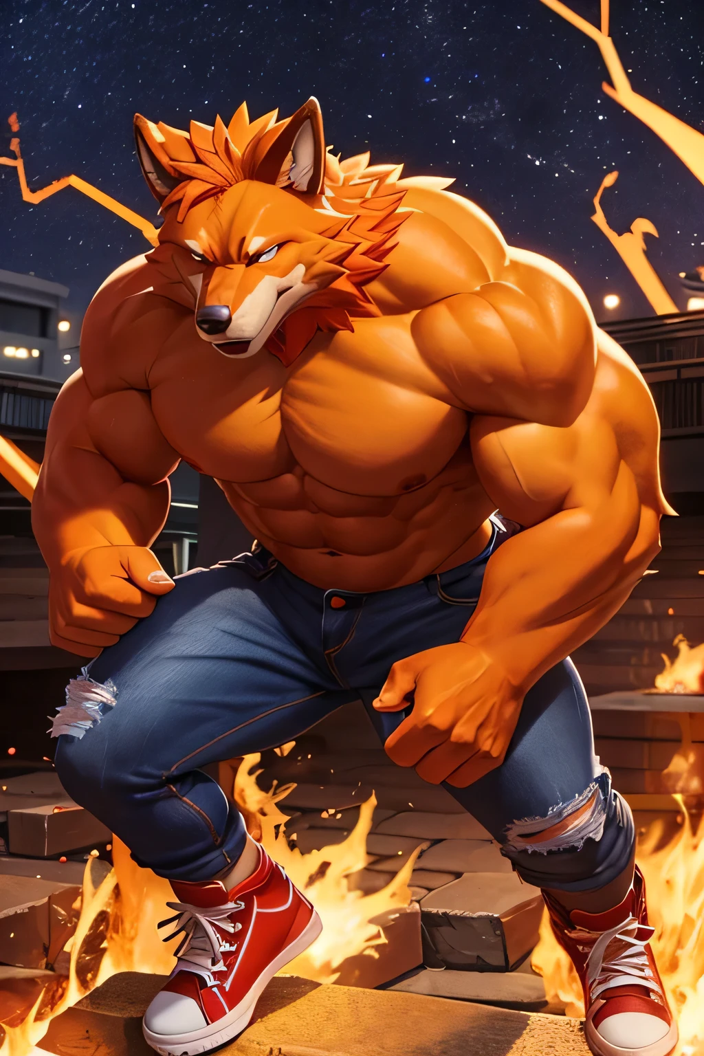 werewolf, bright orange fur, jeans, red high top sneakers, hulking, overly muscular, flawless, bodybuilder, ripped, very defined, god aura, very muscular