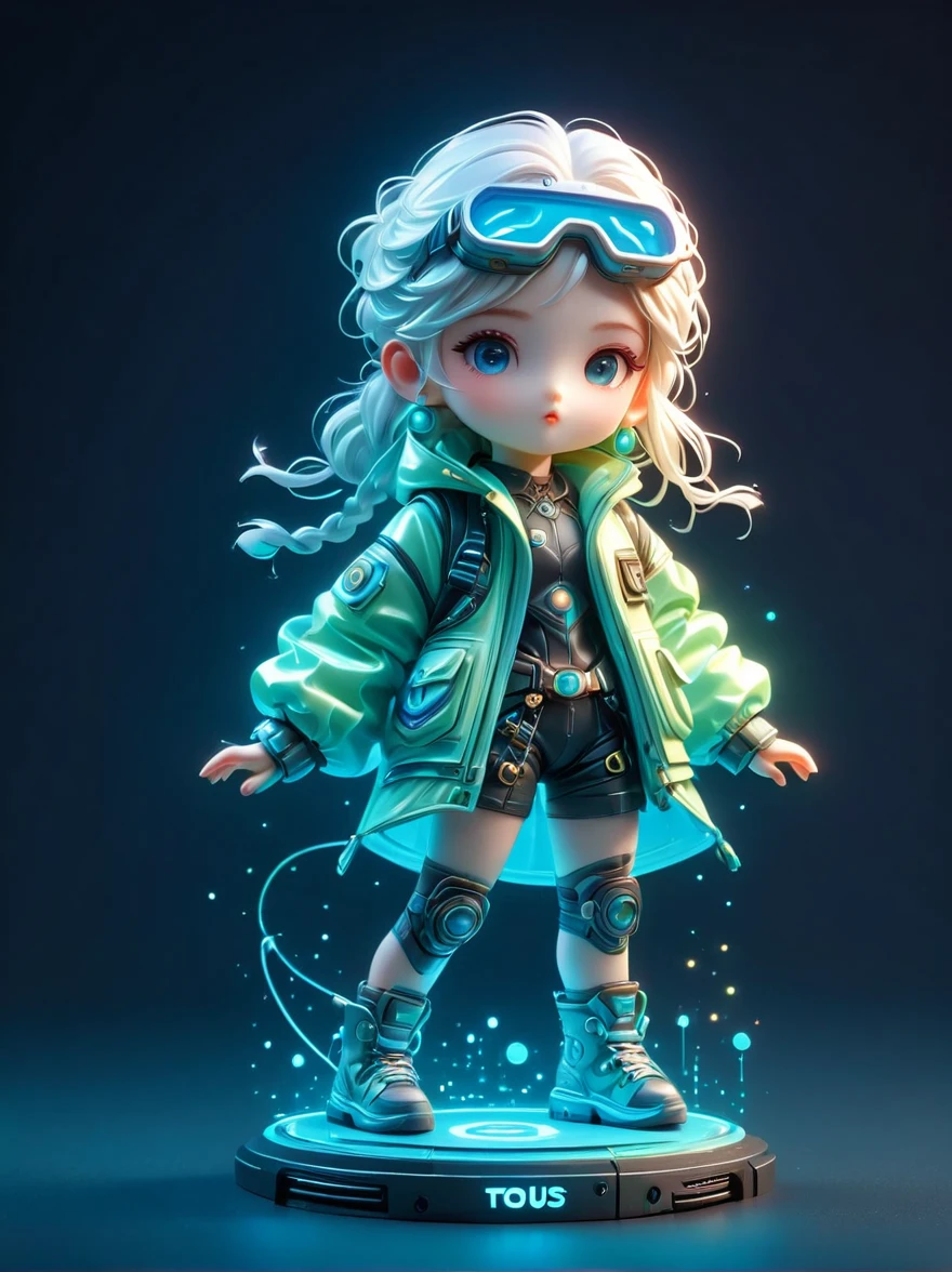 blind box,plastic toy,3D tous,IP model,A cute  of the world, white hair, tech goggles, a holo-glowing translucent jacket, Time travel device,a lot of decoration, precision mechanical parts, glossy materials, futuristic, cyberpunk,Pixar,resin material,full body,full Shot,Simple background,display lighting,volumetric lighting,3d,c4d,oc render,volume rendering,extremely detailed details,HDR,8K Resoulution