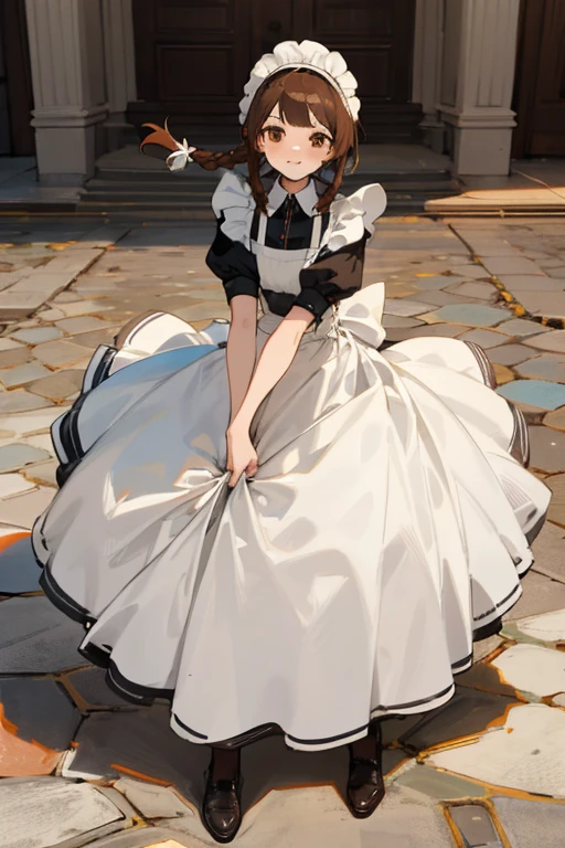 Mujer, ground brown hair with a braid, Brown eyes, con traje de maid