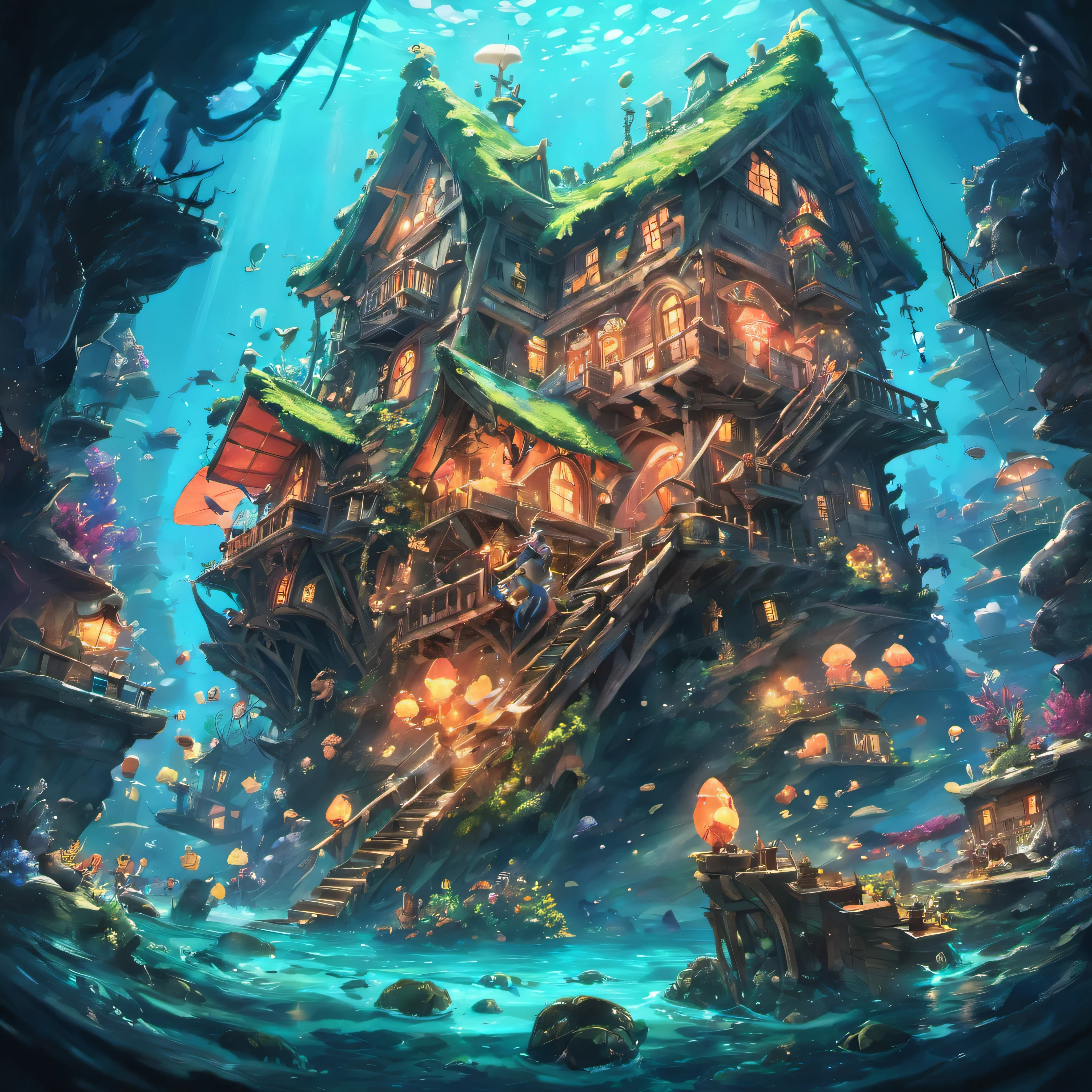 Color (Fantasy: 1.2), (Hayao Miyazaki style), (irregular building floating under the sea), patchwork cottages, Moss decorations, coral, lights, concept art inspired by Andreas Rocha, Artstation contest winner, Fantasy art, (underwater city), ross tran, light shafts, realistic lighting, masterpiece, high quality, beautiful graphics, high detail, masterpiece, high quality, beautiful graphics, high detail, --v6