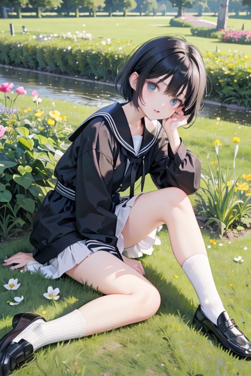 (8k, highest quality, Tabletop:1.2)、Ultra-high resolution、One -yeld gi Detailed face、black eye, Black Hair, short hair, White socks, Black Loafers, Black Sailor Suit, White panties, garden, Sitting on the grass