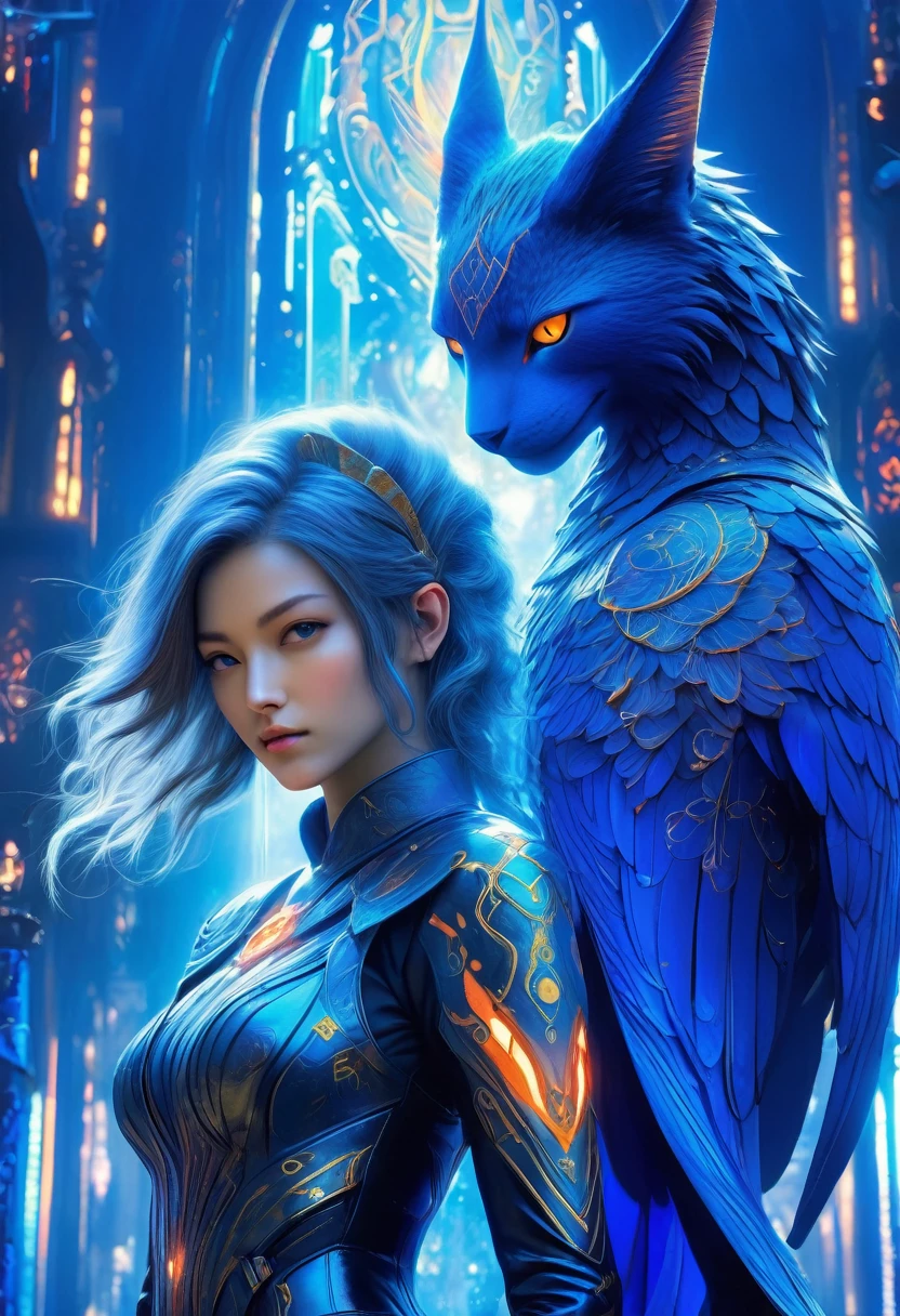 best quality,4k,8k,highres,masterpiece:1.2,ultra-detailed,realistic:1.37,HDR,UHD,studio lighting,ultra-fine painting,sharp focus,physically-based rendering,(Yoshitaka Amano style:1.1),SFW,(safe for work), A 30 years old woman and her guardian familiar, mystical creature,otherworldly creature,enchanting companions,wearing stylish futuristic clothes,inspired by Phantasy Star Online,action shot, (The woman, with her eyes brightly colored, no makeup and her nordic facial features elegantly detailed, adding to her allure. Dressed in elegant casual clothes with a stylish futuristic jacket.), (She is accompanied by a guardian, a biblically accurate Seraph with sacred geometry powers. The creature's presence adds a sense of wonder and magic to the scene.), (The woman and her companion stand in a dark and gothic city, a modern metropolis with surreal plants, and vibrant signs. The colors are vibrant, with a mixture of blues, olive, and pale oranges creating a dreamlike atmosphere.), (The lighting is soft but illuminating, casting a gentle glow on both the woman and the creature.), (The overall composition has a realistic and photorealistic quality, capturing the essence of the scene in intricate detail.), (The art style is inspired by Yoshitaka Amano, known for his ethereal and otherworldly illustrations. The combination of realistic elements with the artist's unique style creates a captivating and visually stunning image.),Greg Rutkowski