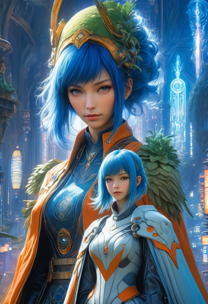 best quality,4k,8k,highres,masterpiece:1.2,ultra-detailed,realistic:1.37,HDR,UHD,studio lighting,ultra-fine painting,sharp focus,physically-based rendering,(Yoshitaka Amano style:1.1),SFW,(safe for work), A 30 years old woman and her guardian familiar, mystical creature,otherworldly creature,enchanting companions,wearing stylish futuristic clothes,inspired by Phantasy Star Online,action shot, (The woman, with her eyes brightly colored, no makeup and her nordic facial features elegantly detailed, adding to her allure. Dressed in elegant casual clothes with a stylish futuristic jacket.), (She is accompanied by a guardian, a biblically accurate Seraph with sacred geometry powers. The creature's presence adds a sense of wonder and magic to the scene.), (The woman and her companion stand in a dark and gothic city, a modern metropolis with surreal plants, and vibrant signs. The colors are vibrant, with a mixture of blues, olive, and pale oranges creating a dreamlike atmosphere.), (The lighting is soft but illuminating, casting a gentle glow on both the woman and the creature.), (The overall composition has a realistic and photorealistic quality, capturing the essence of the scene in intricate detail.), (The art style is inspired by Yoshitaka Amano, known for his ethereal and otherworldly illustrations. The combination of realistic elements with the artist's unique style creates a captivating and visually stunning image.),Greg Rutkowski