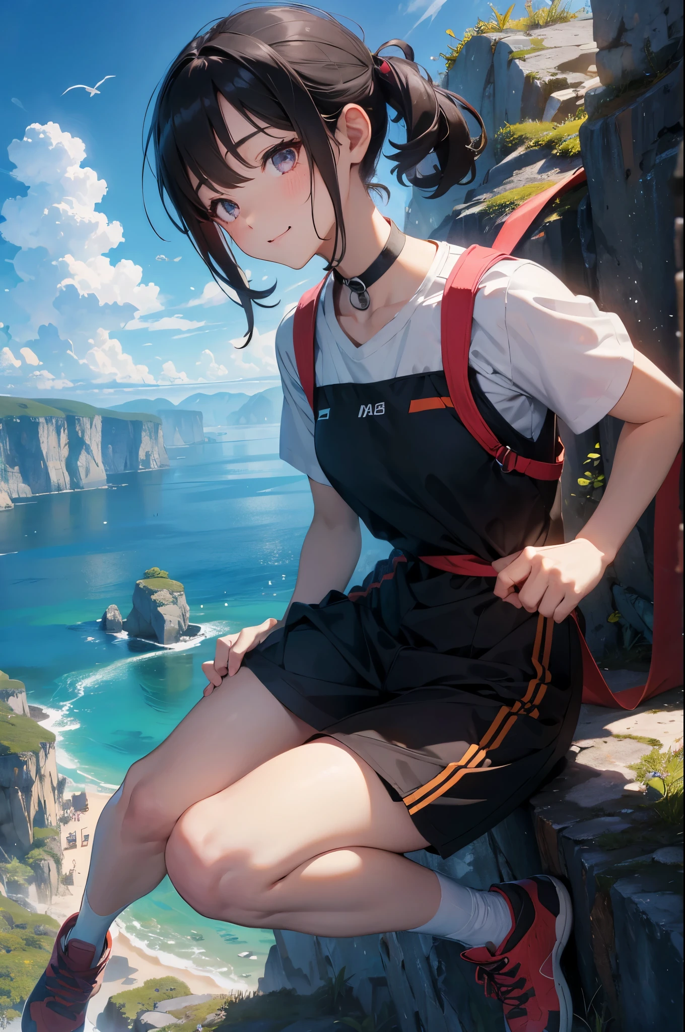 Huang Li、HD、Surrealism、Super detailed、（Full Body Love：1.5）、（Climbing girl：1.3）、（Close-up of face：1.2）、（waving and smiling：0.6）、（Outdoor sun exposure：1.1 )、(bring:1.0)、(climbing chalk:0.8)、(rock texture:0.9)、(grip strength:1.0)、(focus on your eyes:1.1)、(Hiking vest、hiking shorts:0.7)、(challenge emoji:0.9),(Perseverance and determinexistion:1.2),(height viewing angle:0.8),(hanging rope:0.7),(Fearless existtitude:1.0),(Dizziness height:1.3),(Distant Horizon:0.9),(Bird&#39;s eye view of the landscape:1.0),(Suspension carabiner:0.6),(头发exist风中飘扬:0.7),Perfect lighting,beautiful lights,(Dynamic angle:1.2),Watching_exist_peeping exist the viewer,huge , Crazy breast swelling, Chest larger than shoulder blades, Big breasts and thin waist，(huge breasts:1.2)，Hydrated skin（（rogue））（（非常huge乳房）），（（Grooves reveal original skin））