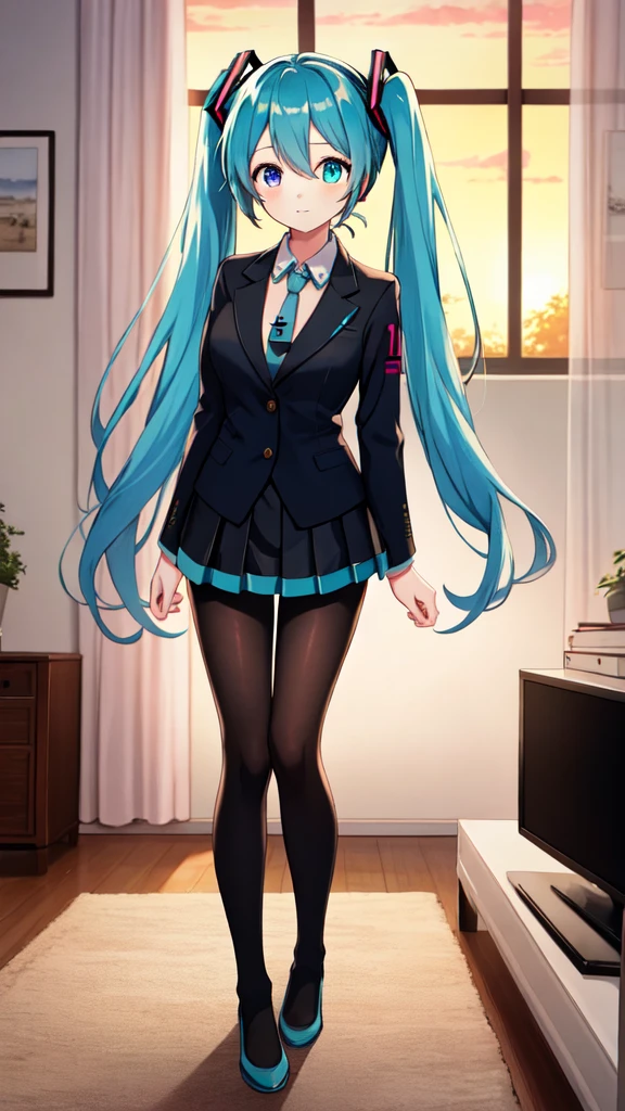 Highquality image of Hatsune Miku, Twin Tail, light Blue Eye, light Blue Hair, big breasts, black tights, 1woman, suit, mini suit skirt, sunset, living room