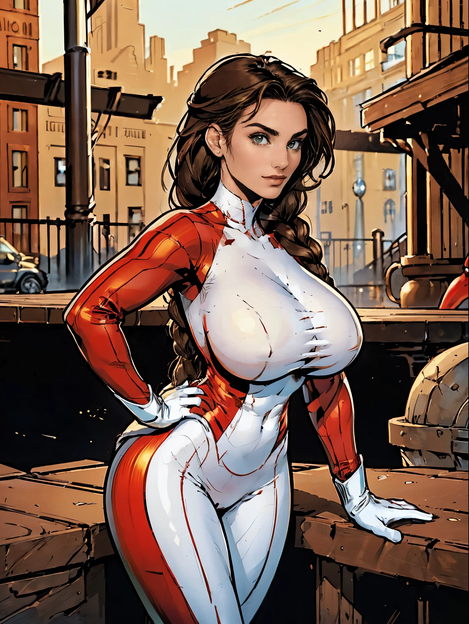 (masterpiece, top quality, best quality, official art, beautiful and aesthetic:1.2), (1girl:1.3), brown hair, braid, extremely detailed, portrait, looking at viewer, solo, (full body:0.6), detailed background, close up, mischievous eyes, (warm city superhero theme:1.1), pleasant smile, brunette, aquiline nose, green eyes, braid, ((gigantic breasts)), (thin), athletic, superhero. Wearing a sleek, satin (high-neck) (sleek white and red striped bodysuit), ((red sleeve stripes, red leg stripes)), (white sides, red center), modest, fully-covered, long red gloves, long red boots, slim waist, slim hips, long legs, modern (city street exterior:1.1) detailed background, bright optimistic lighting, shadows, magical atmosphere, dutch angle