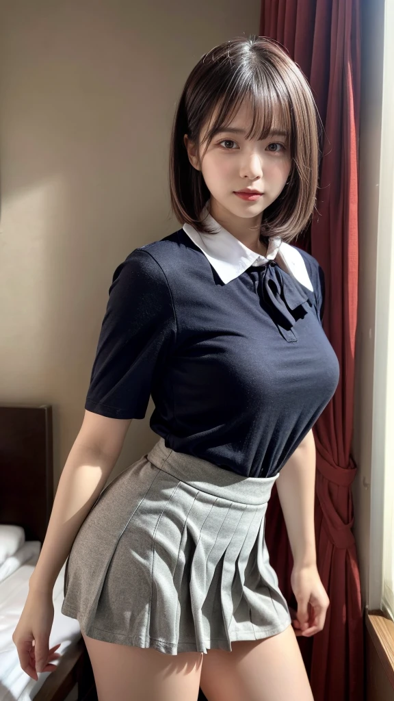 muster piece, best quality, illustration, Super detailed, fine details, High resolution, 8K,wall paper, perfect dynamic composition,(Details High quality, realistic depiction of eyes:1.3), from side, standing, (collared shirt:1.1), pleated skirt, short bob hair、black hair color, Big Natural Color Lip, bold sexy pose, crying a little、cold gaze, Harajuku style、acrobatic pose, 20 year old girl、cute type、lolita、beautiful legs, hotel room, gravure idol, Voluptuous thighs, huge breasts