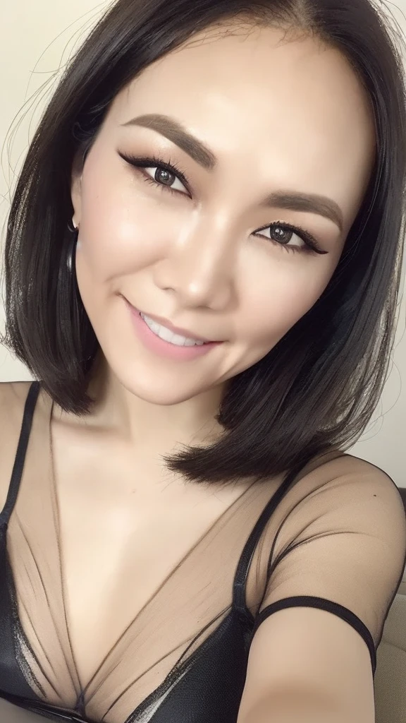 One beautiful woman, high resolution, wallpaper 8K screen, top quality, realistic, super detailed, fine, perfect dynamic composition, (1 Japanese mature woman sitting in front of the dresser and applying makeup), (sit on a round chair: 1.2), (48 years old), ((Realistic skin texture)), (Fine wrinkles throughout the skin: 1.3), (Dull skin: 1.1), (Skin without moisture: 1.2) , (Wrinkles on the face: 0.9), (Wrinkles on the corners of the eyes: 1.2), Double eyelids, tear bags on the lower eyelids, (Crying moles: 0.9), serious gaze, (Dimples: 1.2), sharpness, detailed and beautiful eyes, short hairstyle, thin hair, detailed and realistic skin texture, smile, (Sexy dress with a sleek design), (see-through dress: 1.3), slender body shape with small breasts, (Focus from the waist up portrait: 1.4),