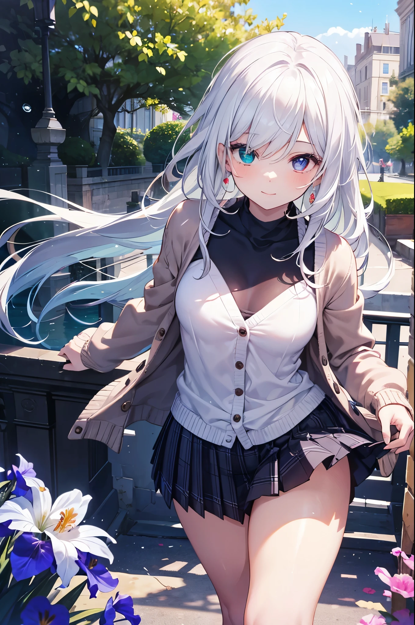 realistic image, detailed image, coherent image, 1 beautiful girl, she has very long hair, white hair with blue stripes. Her eyes are heterochromic: the right eye has a light blue iris and a drop-shaped dark blue pupil, while the left inverts the color combination. Smiling expression. She is wearing a strapless top, a cardigan, plaid pleated miniskirt, sneakers, She has a curvy body, small breasts and thick thighs, She is posing sensually, arching her back, French atmosphere, surrounded by a park, surrounded by flowers. Soft focus, Dramatic shadows, Volumetric lighting, natural lighting,heterochromia,