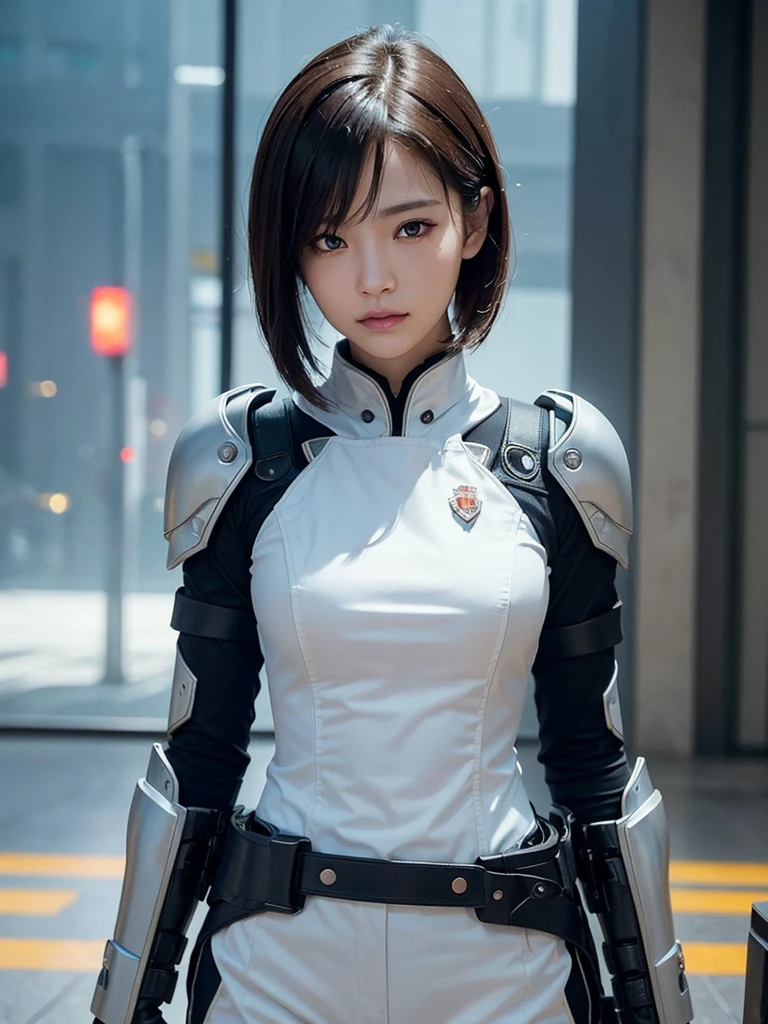 (close up:1.4)、(Original Photography:1.2)、(Photorealistic:1.4)、(masterpiece:1.3)、(Top quality:1.4)、Woman standing in front of a group of robots、Beautiful woman、beautiful female soldier、Girl in a suit、Composite combat uniform、Young beautiful Japanese woman、Highly detailed face and skin texture、Delicate eyes、Double eyelids、Cute face、(Short Bob:1.2)、(full-body shot)、Cowboy shooting、Angry expression、Storms and epic war scenes、Cyberpunk scene、night、illumination、