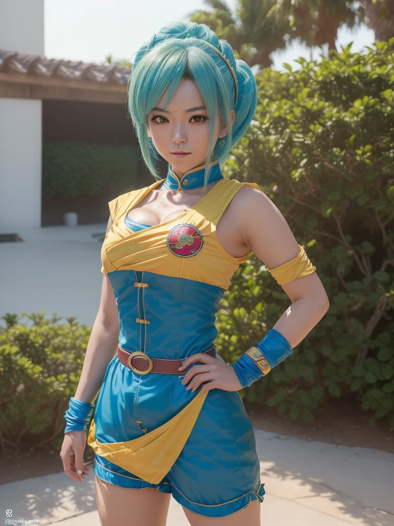 ((一个美丽迷人of年轻女子, (逼真of:1.4), com traje of cosplayer of Bulma, personagem inspirado of dragon ball, Realist actor:1.2)),extremamente oftalhado, melhor qualidaof, of ((Face portrait photo:1.5), (original photo, 8K Ultra HD, qualidaof superior, melhor qualidaof, altamente oftalhado: 1.2),