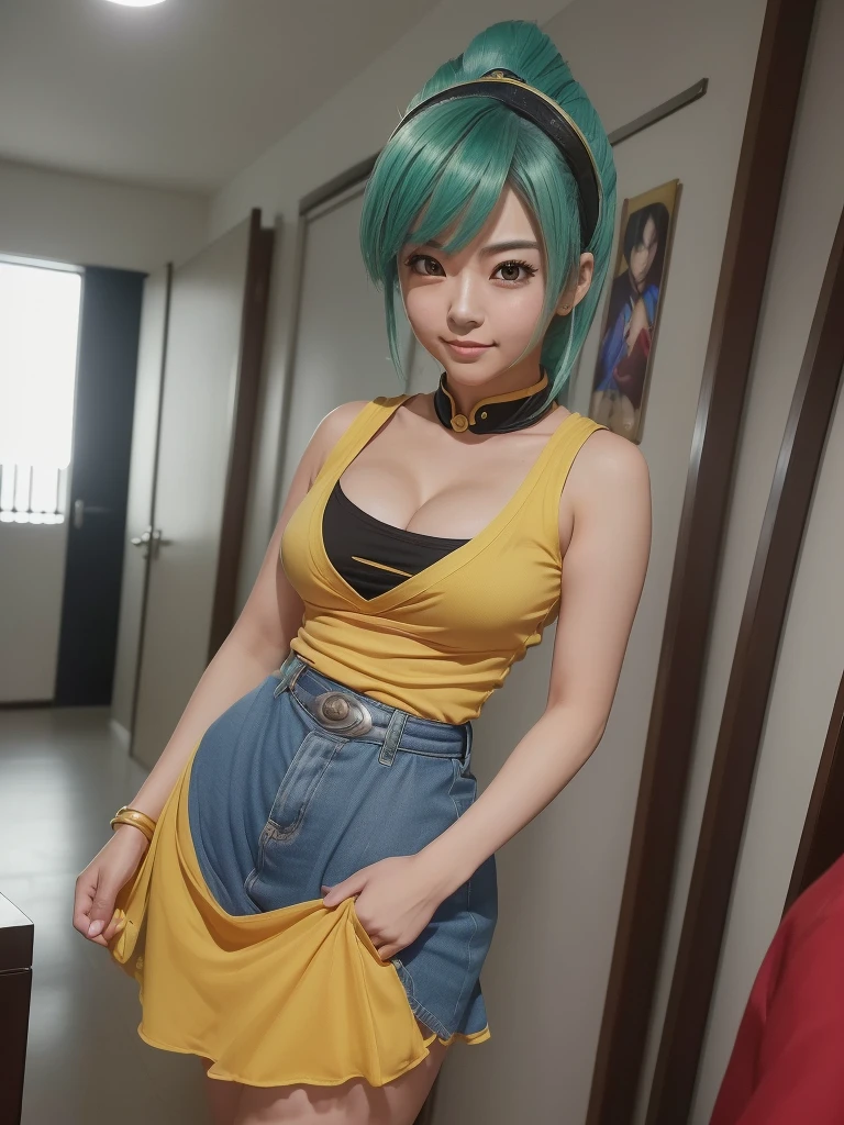 ((一个美丽迷人of年轻女子, (逼真of:1.4), com traje of cosplayer of Bulma, personagem inspirado of dragon ball, Realist actor:1.2)),extremamente oftalhado, melhor qualidaof, of ((Face portrait photo:1.5), (original photo, 8K Ultra HD, qualidaof superior, melhor qualidaof, altamente oftalhado: 1.2),