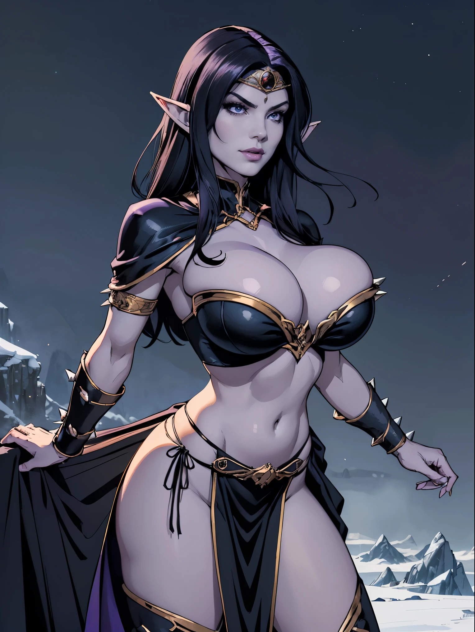 (masterpiece, top quality, best quality, official art, beautiful and aesthetic:1.2), (1girl:1.3), ((Sharp facial features, sharp features, hawkish features)), ((big hair, long elf ears, long black hair)), (((pale purple skin, pale blue skin, blue skin, purple skin))), big tiddy dark elf girl, extremely detailed, portrait, looking at viewer, solo, (full body:0.6), detailed background, full-body shot, (cold night mountain theme:1.1), dark elf war dancer, (spiky winged headdress), charlatan, smirk, mysterious, swaying in mountains, skimpy attire, revealing gladiatrix costume, ebony metal, gold filigree, gold bikini, circlet, metal bikini, long boots, dual knives, blood red fabric, pelvic curtain, loincloth, black leather, ((((gigantic breasts, cleavage, skindentation, long legs, pelvic curtain)))), cute belly button, toned tummy, slim waist, slim hips, long legs, medieval (mountain exterior:1.1) background, dark mysterious lighting, shadows, magical atmosphere, dutch angle