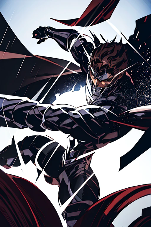 superhero man, has godly metal silver armor, wears black cape, wears black gloves, and has black stripes on both sides of arms, has no logo on armor, has brown hair, and lives in superhero base