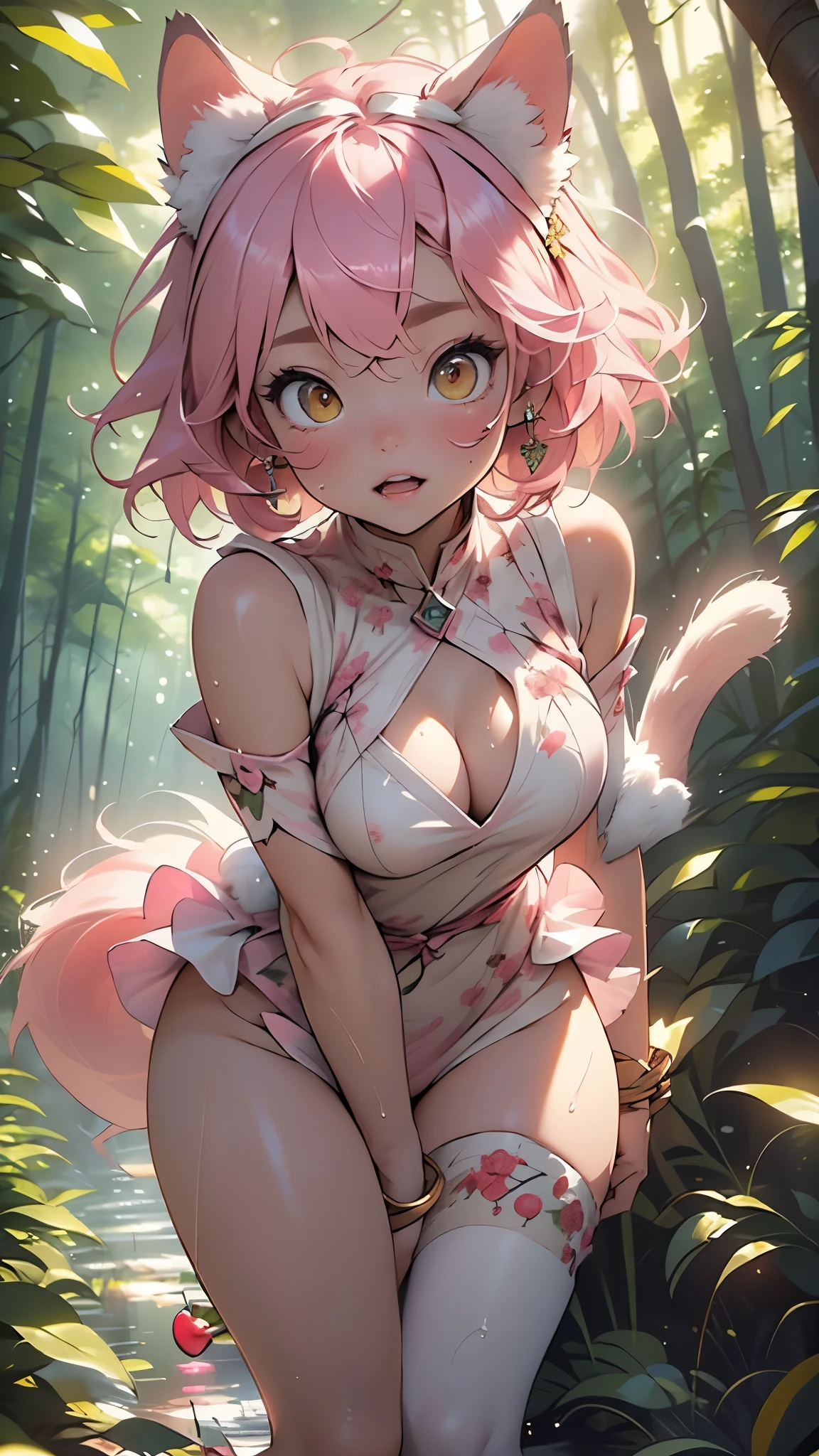 little cat girl,((1girl)),(((little ,small tiny body,,chibi))),(((6 years old))),((amazonian cat girl with extremely cute and beautiful pale pink hair)),(((cat girl,anthro furry cute,cat-girl))),(((tail,cat tail,cat ears,thin cat tail,cat ears on head,big cat ears))),
(large breasts:1.4),bountiful breasts,fluffy breasts,H cup bust,bust up,bulging bust top,(((pale pink messy hair:1.35,short hair,colored inner hair,messy hair,ear breathing))),((heterochromia:1.5, (pink_eye and yellow_eye))),intricate eyes,beautiful detailed eyes,symmetrical eyes,big eyes:1.5,((fat)),(((lustrous skin:1.5,bright skin: 1.5,skin tanned,shiny skin,very shiny skin,shiny body,plastic glitter skin,exaggerated shiny skin,illuminated skin,wet legs))),(spider lower abdomen,narrow waist,wide hip,athletic body,inflated legs, thick thighs,detailed body,(detailed face)),
cute,slutty,seductive,??????,((nsfw)),
(fur headdress),fur swimsuit,Headdress,(sexy),sleeveless,cleavage cutout,bare legs,sexy fur clothes,((wet clothes,intricate outfit,intricate clothes,wild clothes)),
(dynamic pose:1.0),solo focus,happy,(centered,scale to fit dimensions,Rule of thirds),
((cute forest)), ((pink cherry forest:1.5,pink forest:1.5)),scenery:1.25,((intricate scenery)),((cute forest background)),puddles, scenery:1.25,((sunset, golden hour)),
(Glossy fantasy ornaments),highres,sharp focus,(ultra detailed,extremely detailed),(photorealistic artwork:1.37),(extremely detailed CG unity 8k wallpaper),(((vibrant colors,vibrant theme))),(intricate),(masterpiece),(best quality),artistic photography,(photography taken by sldr),(intricate background),perfect rendered face,perfect face details,realistic face,photo realistic,((intricate detail)),(((realism))),