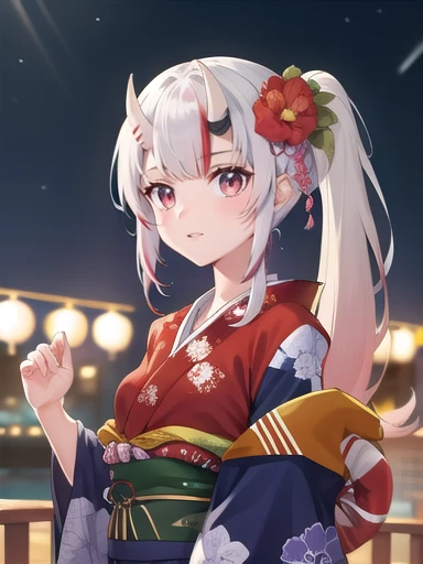 (masterpiece:1.3),((High resolution)),((high quality)),((Super detailed))、One girl、Perfect balance、((Upper Body))、Perfect Face、Detailed face、Cute face、beautiful詳細な目、Expressive eyes、Cute eyes、Shiny eyes、 alone,nakiri ayame, Long Hair, Side Ponytail, Iris New Year,Red kimono, Floral print, Hair Flowers, sash, Wide sleeves, (Browsing Caution:1.4), (head shot)、Embarrassing、blush、beautiful女の子、Cute face、beautiful顔、Cute face、beautiful、Best Quality、Good anatomy、((smile:1.5))、((Super detailedな背景)),Mistress Pose,Night Sky,Meteors, ((8K Wallpaper)) , Watching the audience, Moody lighting, In-person audience