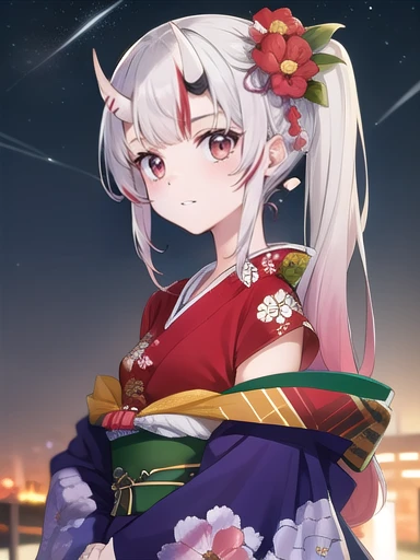 (masterpiece:1.3),((High resolution)),((high quality)),((Super detailed))、One girl、Perfect balance、((Upper Body))、Perfect Face、Detailed face、Cute face、beautiful詳細な目、Expressive eyes、Cute eyes、Shiny eyes、 alone,nakiri ayame, Long Hair, Side Ponytail, Iris New Year,Red kimono, Floral print, Hair Flowers, sash, Wide sleeves, (Browsing Caution:1.4), (head shot)、Embarrassing、blush、beautiful女の子、Cute face、beautiful顔、Cute face、beautiful、Best Quality、Good anatomy、((smile:1.5))、((Super detailedな背景)),Mistress Pose,Night Sky,Meteors, ((8K Wallpaper)) , Watching the audience, Moody lighting, In-person audience