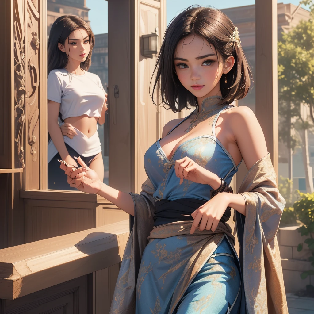 (Extremely detailed 8k wallpaper:2), (photo:2), (soigne beautiful girl:2), (Give lectures to friends:2), detailed (Face and eyes), (Surrealism:1), (highly detailed:1), (epic realistic:1), Rim Light, (Maximum details:1), Comfort, (whole body:1.3), (Looking at the audience:2), (Woman's attractive Qualities:2), (attractive Woman:2), (attractive:2), Smile, intelligence, Empathy, beautiful, sense of style, healthy, Beauty, optimism, (Sensitivity:2), sincerity, Romantic gesture, play, Fashion sense, (:2), charm, modesty, considerate, (Femininity:1), frivolous, warmth, (physical attractiveness:2), A beautiful smile, A like of life, Power and strength, Vulnerabilities, curiosity, Want to know, like, (Natural background:2), Kawaii, Deadly, Beautiful breasts, (Seductive figure:2), (Beautiful Body:2), beautiful的姿势, Charming pose, (Beautiful legs:1.0), (beautiful clothes:1), (apparel:2), (Elegant clothes:2), (European Clothing:2), detailed clothes, (skirt:1), (Women's shirts:1), (Provocative pose)