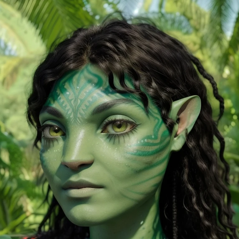 avatar style, (face portrait:1.6), naavi, 1girl, female, (silver eyes), (big eyes), ((eyebrowless)), pointy ears, (forest green skin tone:1.0), (curly hair:1.0), black hair color, ((flowy hairstyle)), ((bangs)), (young adult), 18 years old, face wrinkles, wearing colorful tribal clothing, (wearing tribal acessories), detailed eyes, toned body, muscled body, vibrant colors, glowing, ethereal atmosphere, surrealistic dreamy lighting, textured skin, otherworldly beauty, mesmerizing photography, (best quality, highres), vivid colors, ultrarealistic, skin details, striped skin, sfw, face close-up:0.5, ultradetailed body, ((green skin)), Brazilian Native, erikajanuza