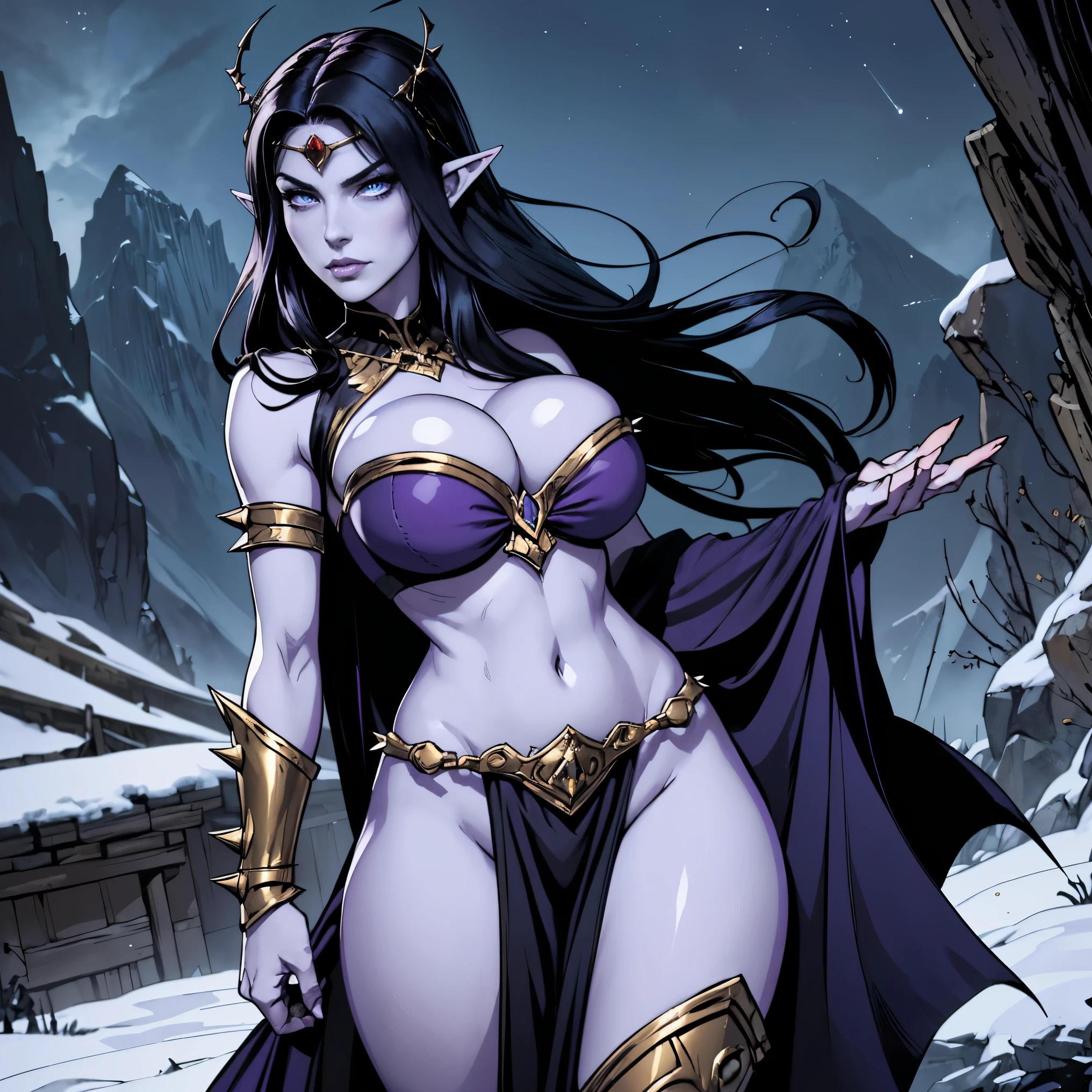 (masterpiece, top quality, best quality, official art, beautiful and aesthetic:1.2), (1girl:1.3), ((Sharp facial features, sharp features, hawkish features)), ((big hair, long elf ears, long black hair)), (((pale purple skin, pale blue skin, blue skin, purple skin))), big tiddy dark elf girl, extremely detailed, portrait, looking at viewer, solo, (full body:0.6), detailed background, full-body shot, (cold night mountain theme:1.1), dark elf war dancer, (spiky winged headdress), charlatan, smirk, mysterious, swaying in mountains, skimpy attire, revealing gladiatrix costume, ebony metal, gold filigree, gold bikini, circlet, metal bikini, long boots, dual knives, blood red fabric, pelvic curtain, loincloth, black leather, ((((gigantic breasts, cleavage, skindentation, long legs, pelvic curtain)))), cute belly button, toned tummy, slim waist, slim hips, long legs, medieval (mountain exterior:1.1) background, dark mysterious lighting, shadows, magical atmosphere, dutch angle