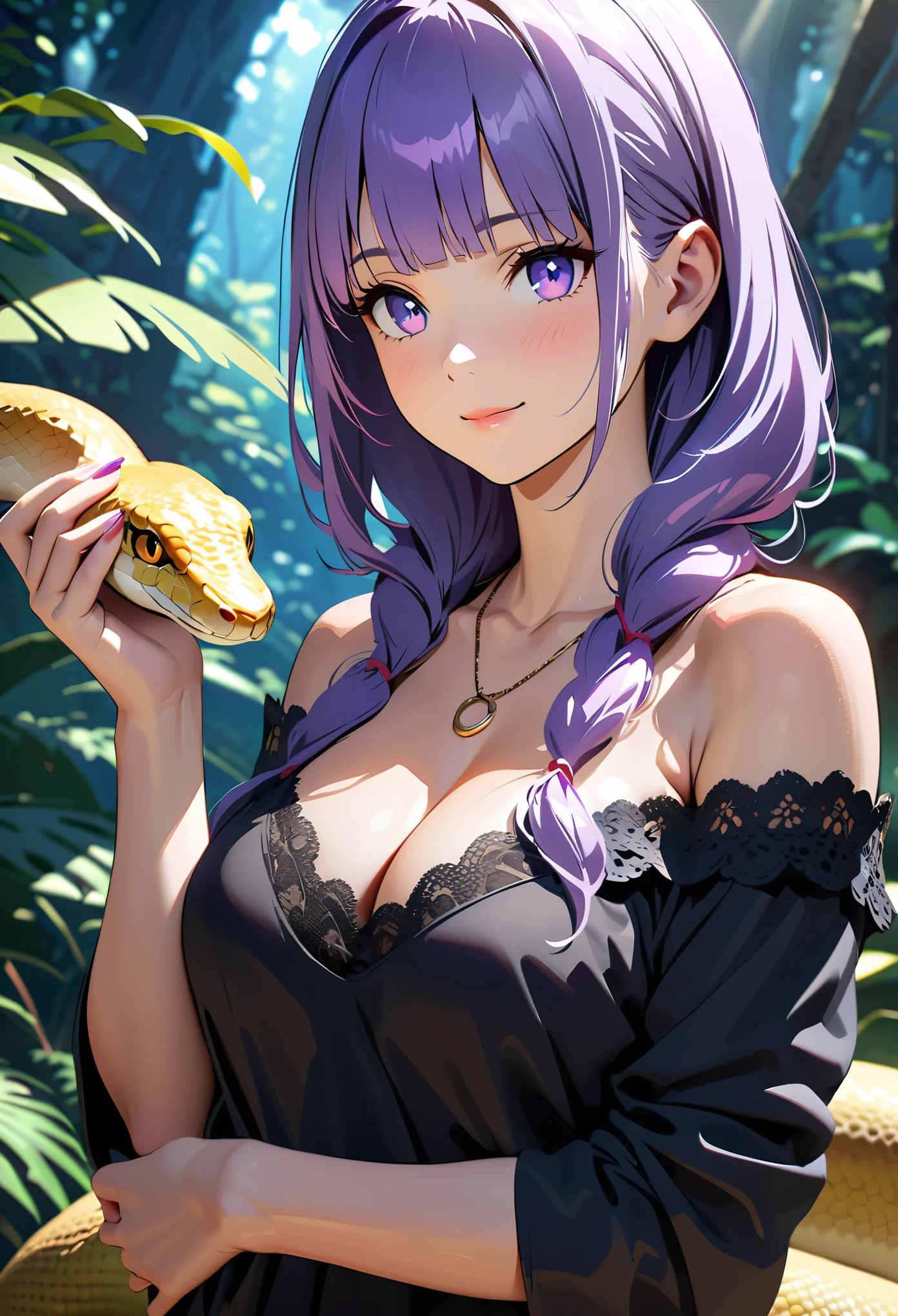 (Top image quality),2023 Animation,Top animation quality,High-resolution details,Detailed wallpaper,(masterpiece),(medium view), solo,A woman,upper body,Real style hair,neat lavender hair,neat bangs,Realistic style eyes,clear(Golden pupils),Beauty,light smile,(Wearing only a black off-shoulder long-sleeved T-shirt with lace,a USB at necklace),large breast,(Cleavage),(holding and near a snake,that python),cinematic shadow,Ray Tracing,Tropical rainforest background,(Depth of Field)