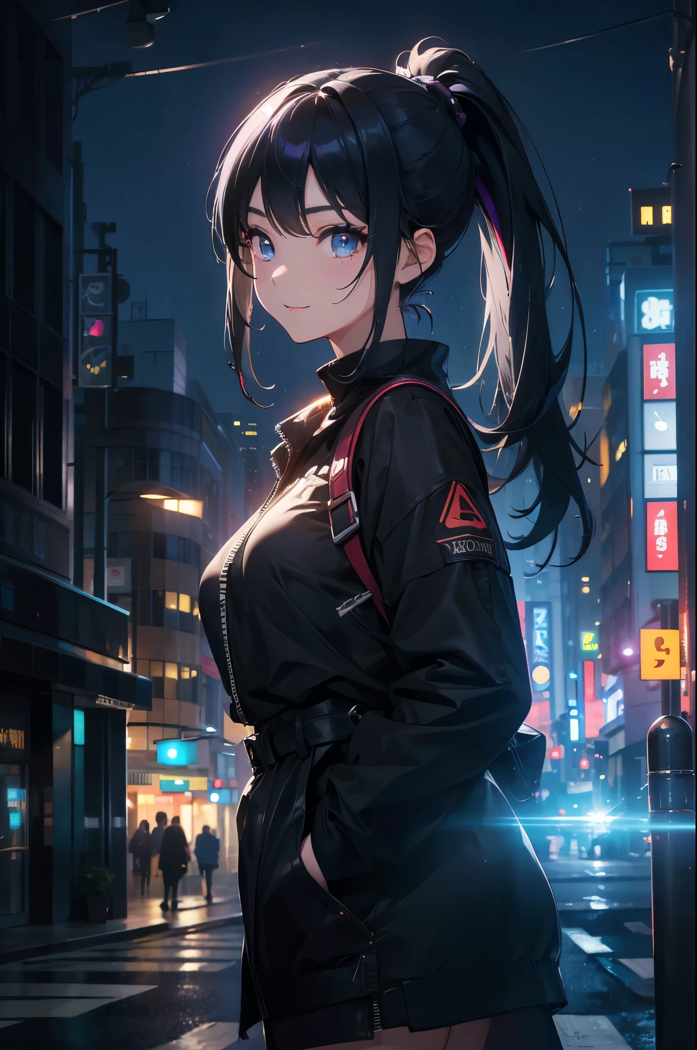 a 20 year old woman、black and blue hair、Ponytail、OK、A bright smile、Rainbow Eyes Fading:1.3)、Dark theme、silent、Soft colors、High contrast、(Natural skin texture、Surrealism、soft Light Lighting、sharp)、8k、masterpiece、 top quality、超HD、最high resolution、Very detailed content、background、modern city、Skyscraper、Main Street、professional Lighting、Light、Extremely detailed CG、on the street、holographic symbolal、symbol、Magnificent views、sharp Noor'body posture、Focus from the rear、turning posture、Fair skin、Beautiful woman、23 years old、(Delicateeyes、Almond eyebrow right eye、Gradient Eyes:1、Delicate and beautiful eyes:1、Symmetrical eyes:1、There is a bright spot in the eyes:1.2)、(Reddish-brown hair、Bob Hairstyle、Left and right non-target hairs are messy.)、(Long skirt、With belt、Long Court、Off-shoulder sweater 、Light brown、Hand-knitted scarf)、Beautiful and slender hip lines、Beautiful spine、Shrink the back、Tighten waist、emphasize臀部线条、Cheeks are a little red、Beautiful breasts、A cup breasts) 、(Round Face: 1.4)、(Slender fingers、Detailed weapons、Detailed manpower)、Half smile、Teeth exposed、Beautiful hip line,off shoulder clothing,emphasize, Sexy, huge乳沟,emphasize臀部向后,Detailed hands, 5 fingers, Suitable candidates, Delicateeyes,textured skin, Super Detail, High Detail, high quality, The award-winning, top quality, high resolution, 1080p, HD, 4K, 8k, 16K,huge , Crazy breast swelling, Chest larger than shoulder blades, Big breasts and thin waist,(huge breasts:1.2),Hydrated skin((rogue))((非常huge乳房)),((Grooves reveal original skin))