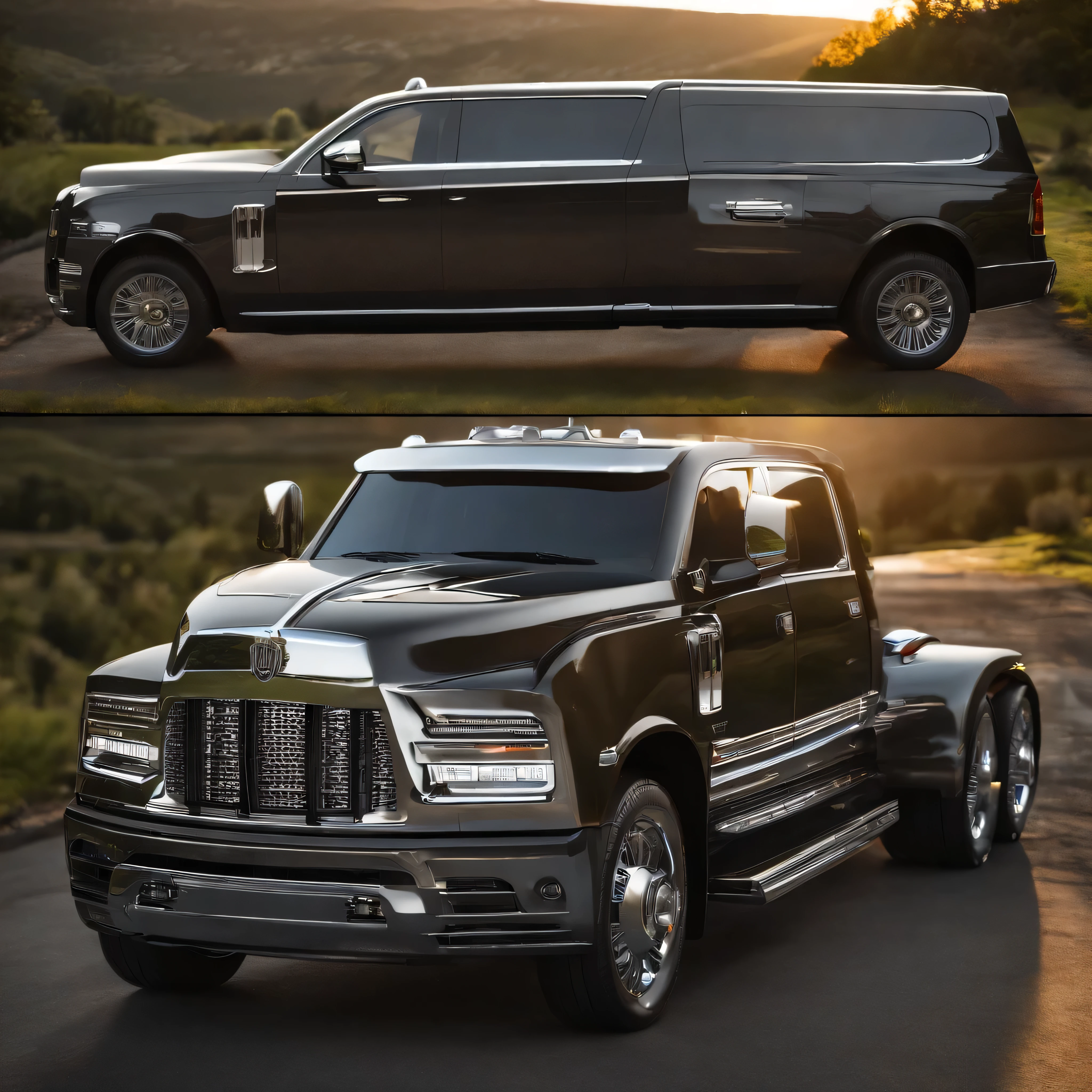(ultra-detailed,highres,masterpiece:1.2),HDR,UHD,extremely detailed luxury semi truck with sleeper parked on a beautifully landscaped background,medium:realistic, detailed rendering of a 2023 Rolls Royce Ghost semi truck with a glossy black exterior,shiny chrome accents, and large, imposing wheels,professional,portrait-like view of the truck showing its elegant curves and sleek lines,vivid colors,sharp focus on the intricate details of the truck's front grille,headlights,and logo,photorealistic image of the truck's luxuriously appointed sleeper cabin,including plush leather seats,wooden accents,and state-of-the-art technology,concept artist's interpretation of the truck's interior, floor-to-ceiling windows, and panoramic roof,bokeh lighting effect highlighting the truck's regal presence and enhancing its overall appeal,studio lighting emphasizing the truck's high-end craftsmanship and creating a captivating ambiance,exquisite attention to detail in capturing the truck's signature features, such as the iconic Rolls Royce Spirit of Ecstasy figurine, and the elegant Spirit of Ecstasy illuminated grille ornament,meticulously rendered street scene,reflecting the truck's opulence and exclusivity,photography-inspired composition, capturing the truck from an artistic angle,highlighting its grandeur and conveying a sense of power and sophistication.