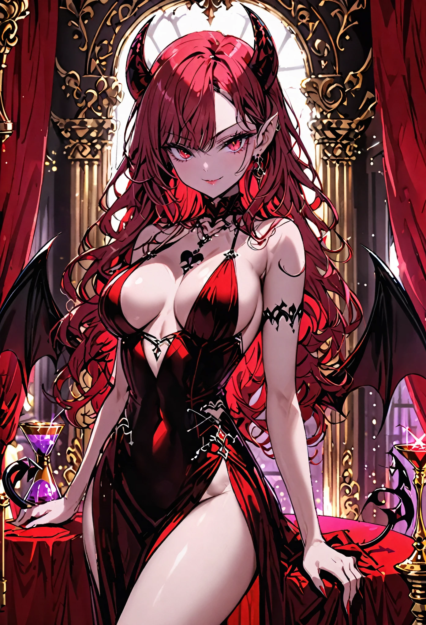 solo, female, sfw, serious pose, jewelry, medium shot, extremely attractive, flawless porcelain skin, long lustrous wavy red hair, red eyes, very large breasts, hourglass figure, smile, seductive pose, luxurious, cocktail dress, ball room, velvet curtain, succubus, horns, demon wings, spade tail
