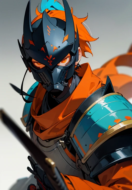 Masterpiece, best quality, expressive eyes, perfect face, 1boy, male focus, samurai armor, orange panels, mask, cyan eyes, armor, 