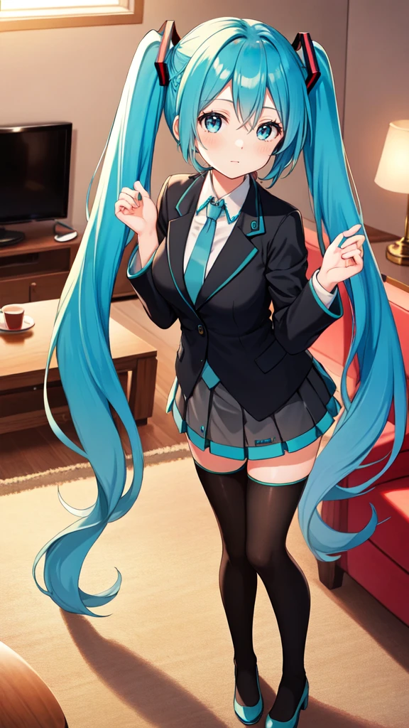 Highquality image of Hatsune Miku, Twin Tail, light Blue Eye, light Blue Hair, big breasts, black tights, 1woman, suit, mini suit skirt, sunset, living room