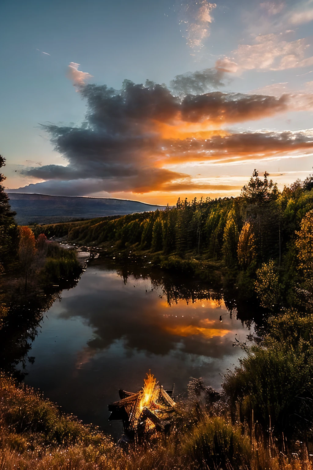 fire, orange_sky, sunset, gradient_sky, red_sky, twilight, cloud, evening, scenery, dusk, sky, autumn, city, tree, cloudy_sky, autumn_leaves, building, water, cityscape, horizon, campfire, ocean, no_humans, river, city_lights, burning, sun, outdoors, mountain, flame, bridge, mountainous_horizon, power_lines, fireplace, reflection, sunrise, utility_pole