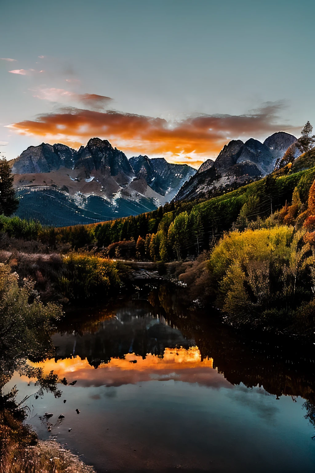 fire, orange_sky, sunset, gradient_sky, red_sky, twilight, cloud, evening, scenery, dusk, sky, autumn, city, tree, cloudy_sky, autumn_leaves, building, water, cityscape, horizon, campfire, ocean, no_humans, river, city_lights, burning, sun, outdoors, mountain, flame, bridge, mountainous_horizon, power_lines, fireplace, reflection, sunrise, utility_pole