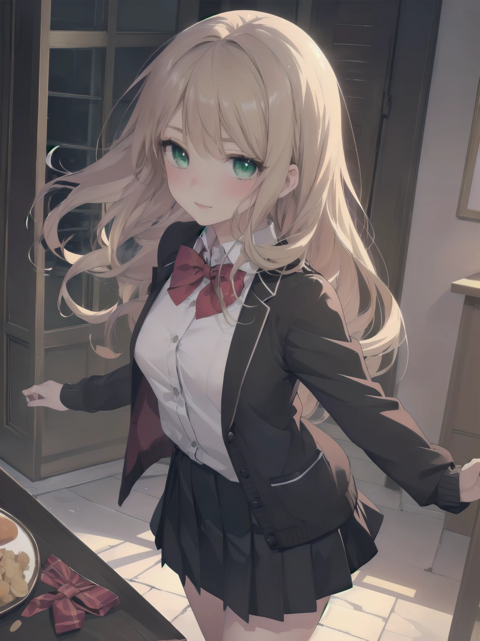 ((Tabletop, highest quality, High resolution, Perfect Pixel, Depth of written boundary, 4K))), One Girl, single, alone, Beautiful Anime Girls, Beautiful art style, Anime characters, ((Long Hair, bangs, Dark brown hair, Curly Hair:0.8)), ((Green Eyes:1.4, Fine grain, Beautiful Eyes, Perfect Eyes,Curled eyelashes, Realistic eyes)), ((Detailed face, Blushing:1.2)), ((Smooth texture:0.75, Realistic texture:0.5, Anime CG Style)), Medium chest, Dynamic Angle, Big Breasts, Perfect body, Dynamic pose, ((Red bow tie, , Black jacket, Open jacket, Brown cardigan, White shirt, Black Skirt, Checked skirt)), smile, Open your mouth, Put your arms behind your back, Leaning forward, Amalment Park
