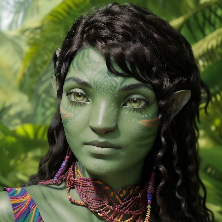 avatar style, (face portrait:1.6), naavi, 1girl, female, (silver eyes), (big eyes), ((eyebrowless)), pointy ears, (forest green skin tone:1.0), (curly hair:1.0), black hair color, ((flowy hairstyle)), ((bangs)), (young adult), 18 years old, face wrinkles, wearing colorful tribal clothing, (wearing tribal acessories), detailed eyes, toned body, muscled body, vibrant colors, glowing, ethereal atmosphere, surrealistic dreamy lighting, textured skin, otherworldly beauty, mesmerizing photography, (best quality, highres), vivid colors, ultrarealistic, skin details, striped skin, sfw, face close-up:0.5, ultradetailed body, ((green skin)), Brazilian Native, erikajanuza