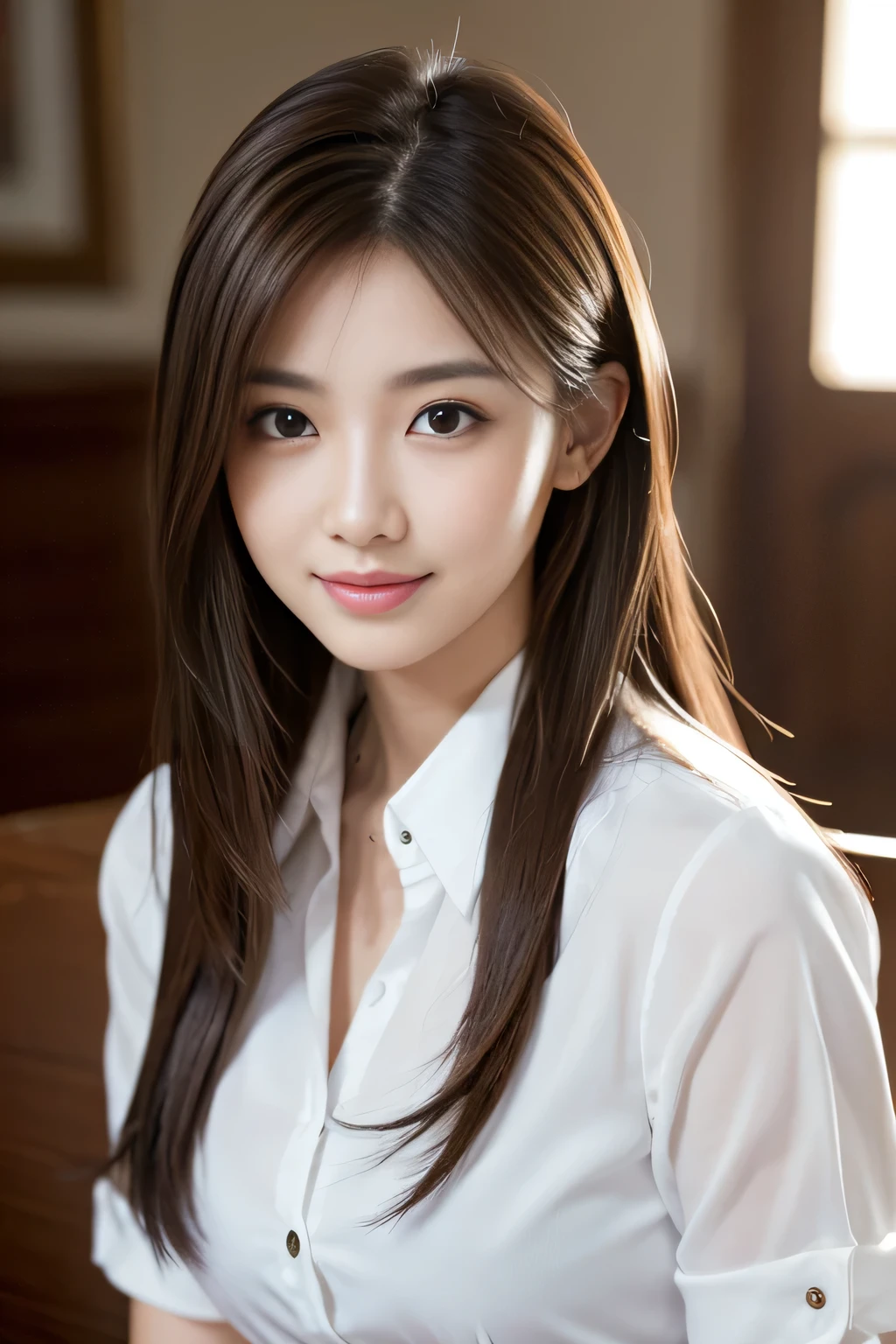 (RAW Photos), (Photorealistic), (masterpiece), (highest quality), High resolution, 8k, (Intricate details), (Volumetric light), Portraiture, woman, Age 25, Medium Hair, Straight hair, Medium chest, Layered Hair, Brown Hair, Very beautiful eyes, Source order, Very thin eyebrows, Very fine skin, Very beautiful mouth, Very nice nose, Cute like an idol, Smile, (Thick lips), (Looking at the audience), (Collared dress shirt), West Shot,
